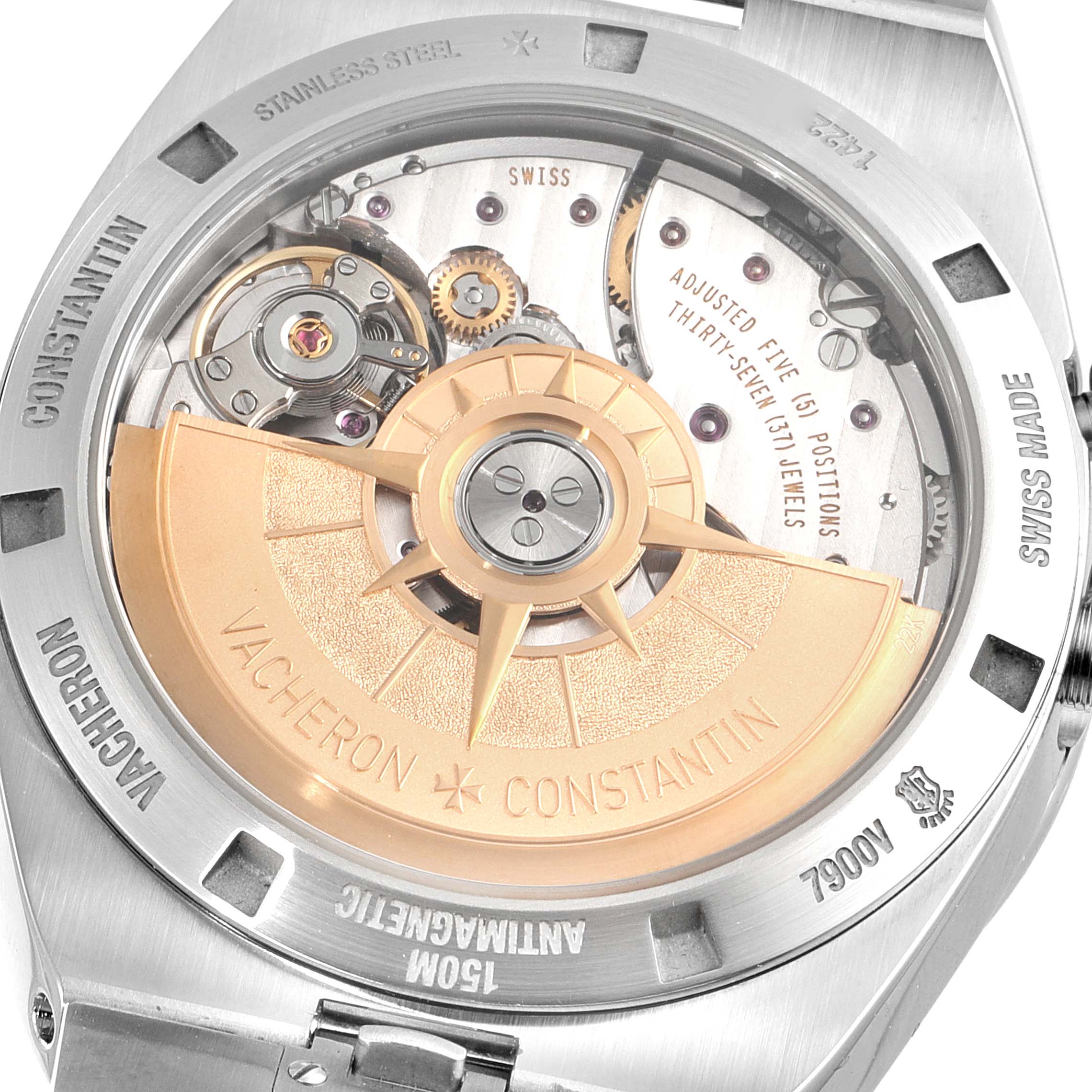 This image shows the case back and the movement of the Vacheron Constantin Overseas 7900V/110A-B546 Men's Stainless Steel Black Dial 7900V/110A-B546 Men's Stainless Steel Black Dial model watch.