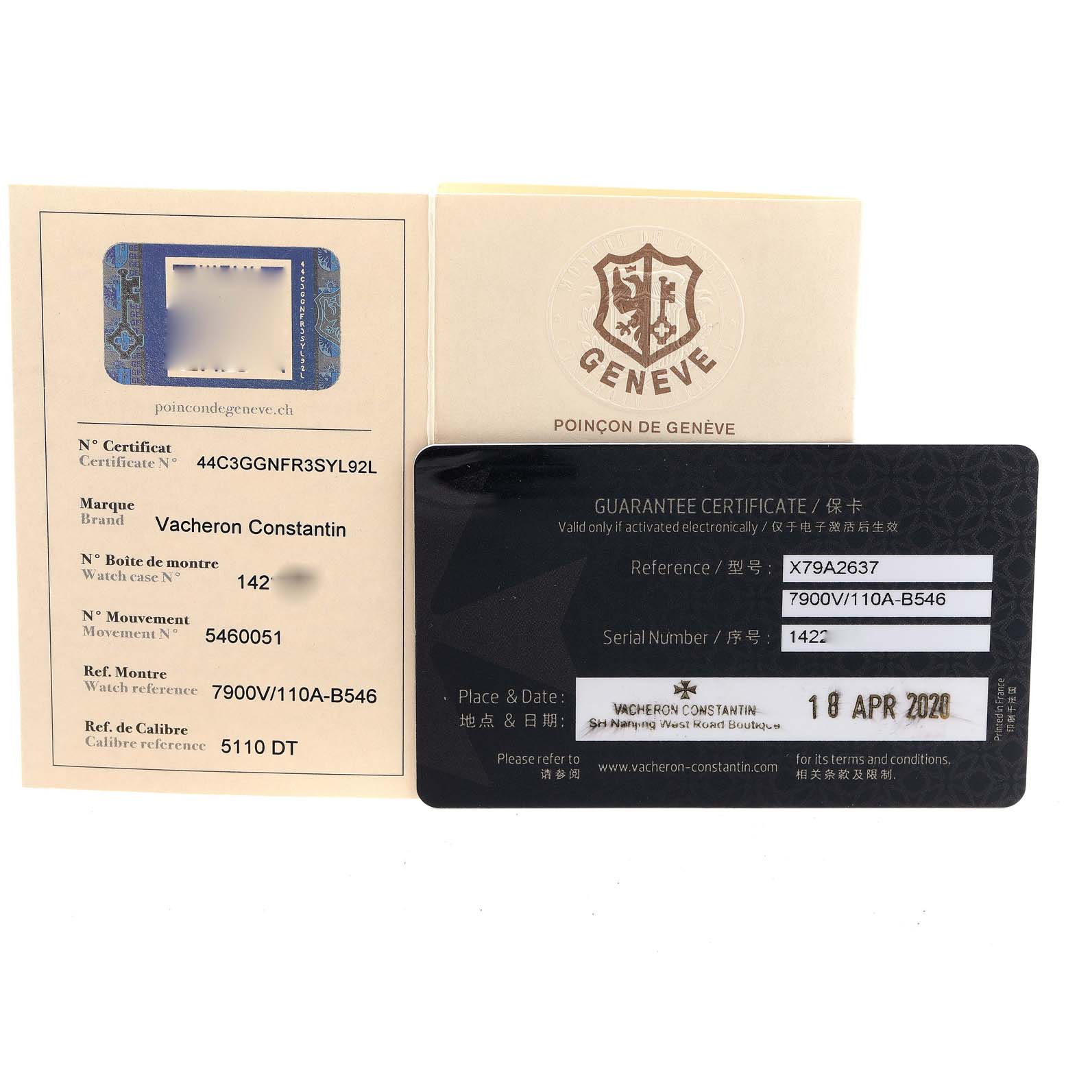 The image shows the certificate and guarantee card for the Vacheron Constantin Overseas 7900V/110A-B546 Men's Stainless Steel Black Dial 7900V/110A-B546 Men's Stainless Steel Black Dial model watch.