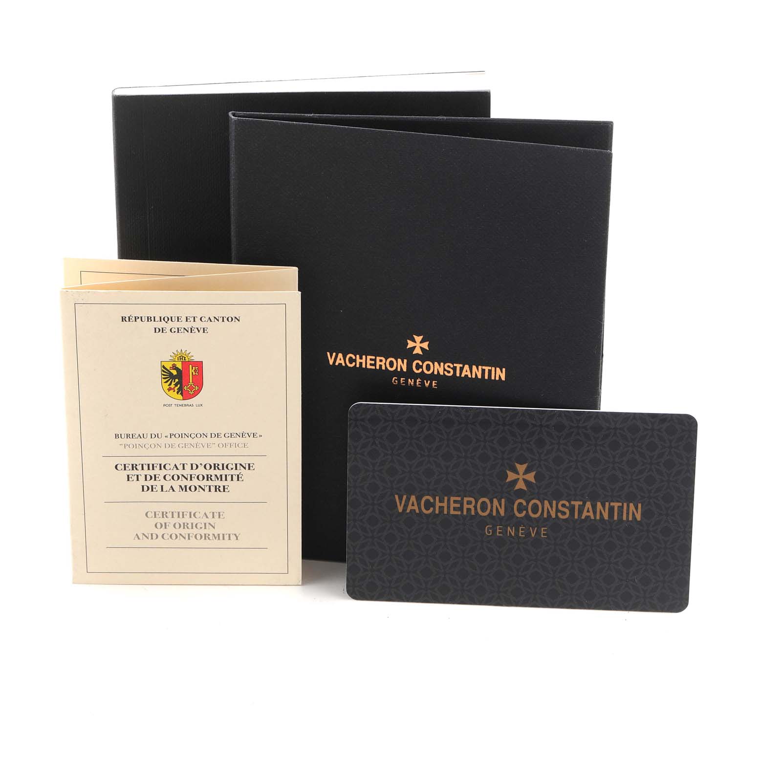 The image shows the documentation and authenticity certificates for the Vacheron Constantin Overseas 7900V/110A-B546 Men's Stainless Steel Black Dial 7900V/110A-B546 Men's Stainless Steel Black Dial model.