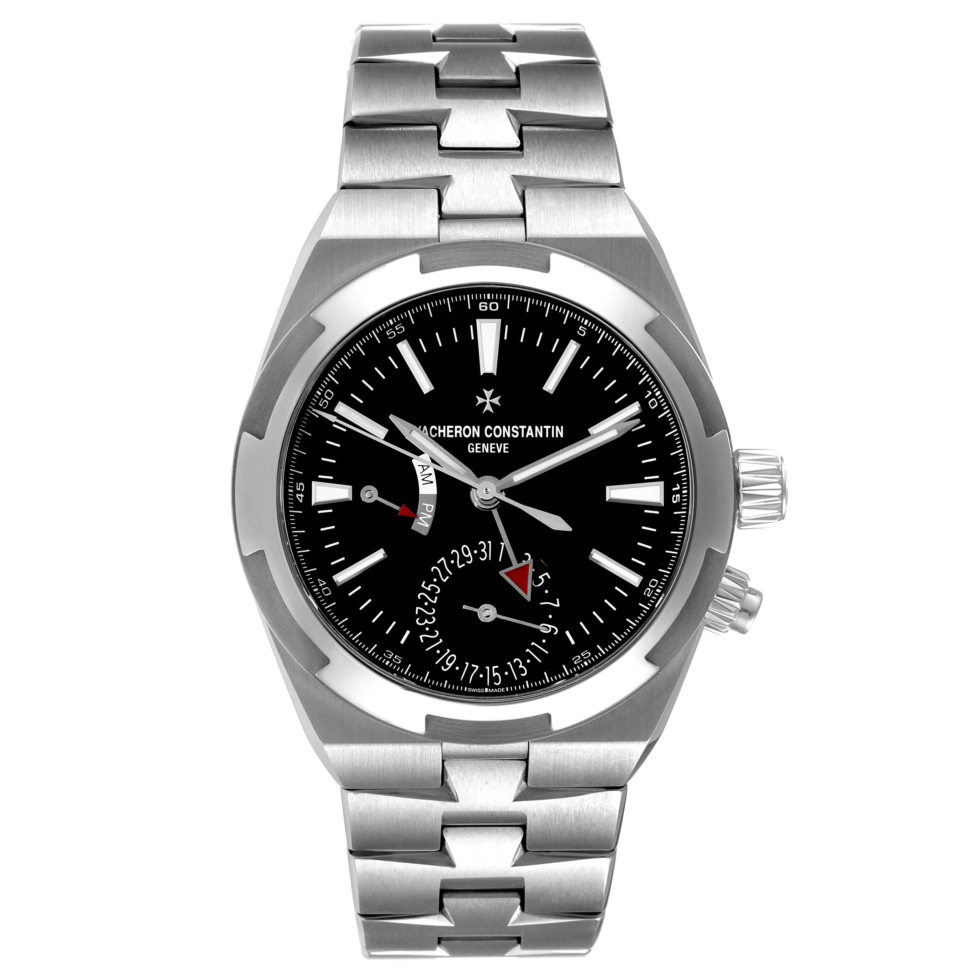 The image shows a front view of the Vacheron Constantin Overseas 7900V/110A-B546 Men's Stainless Steel Black Dial 7900V/110A-B546 Men's Stainless Steel Black Dial watch, displaying its dial, hands, and bracelet.