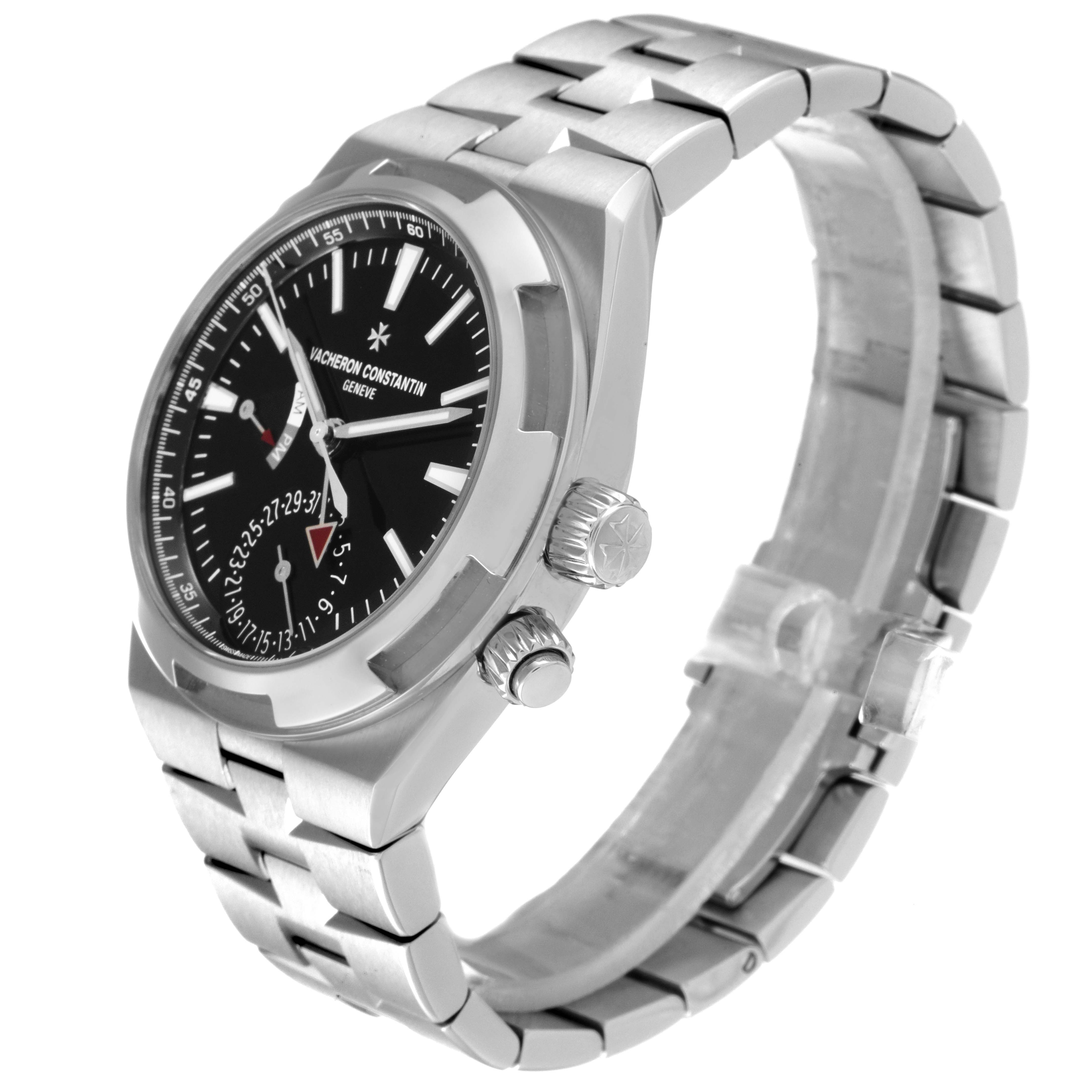 The image shows a Vacheron Constantin Overseas 7900V/110A-B546 Men's Stainless Steel Black Dial 7900V/110A-B546 Men's Stainless Steel Black Dial watch from a three-quarter angle, highlighting the face, crown, and bracelet.