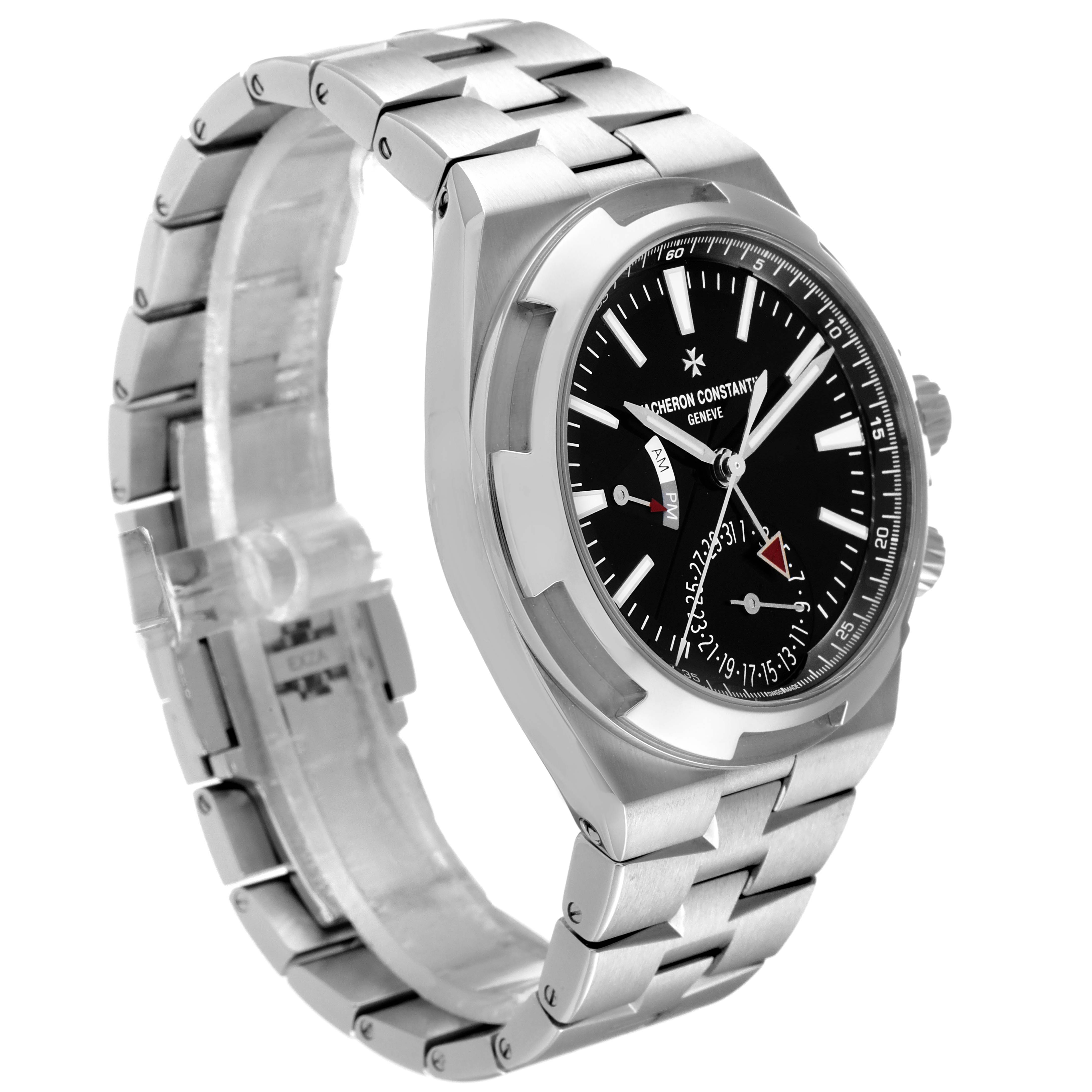 The image shows a side-angle view of a Vacheron Constantin Overseas 7900V/110A-B546 Men's Stainless Steel Black Dial 7900V/110A-B546 Men's Stainless Steel Black Dial model, highlighting the face, bracelet, and crown.