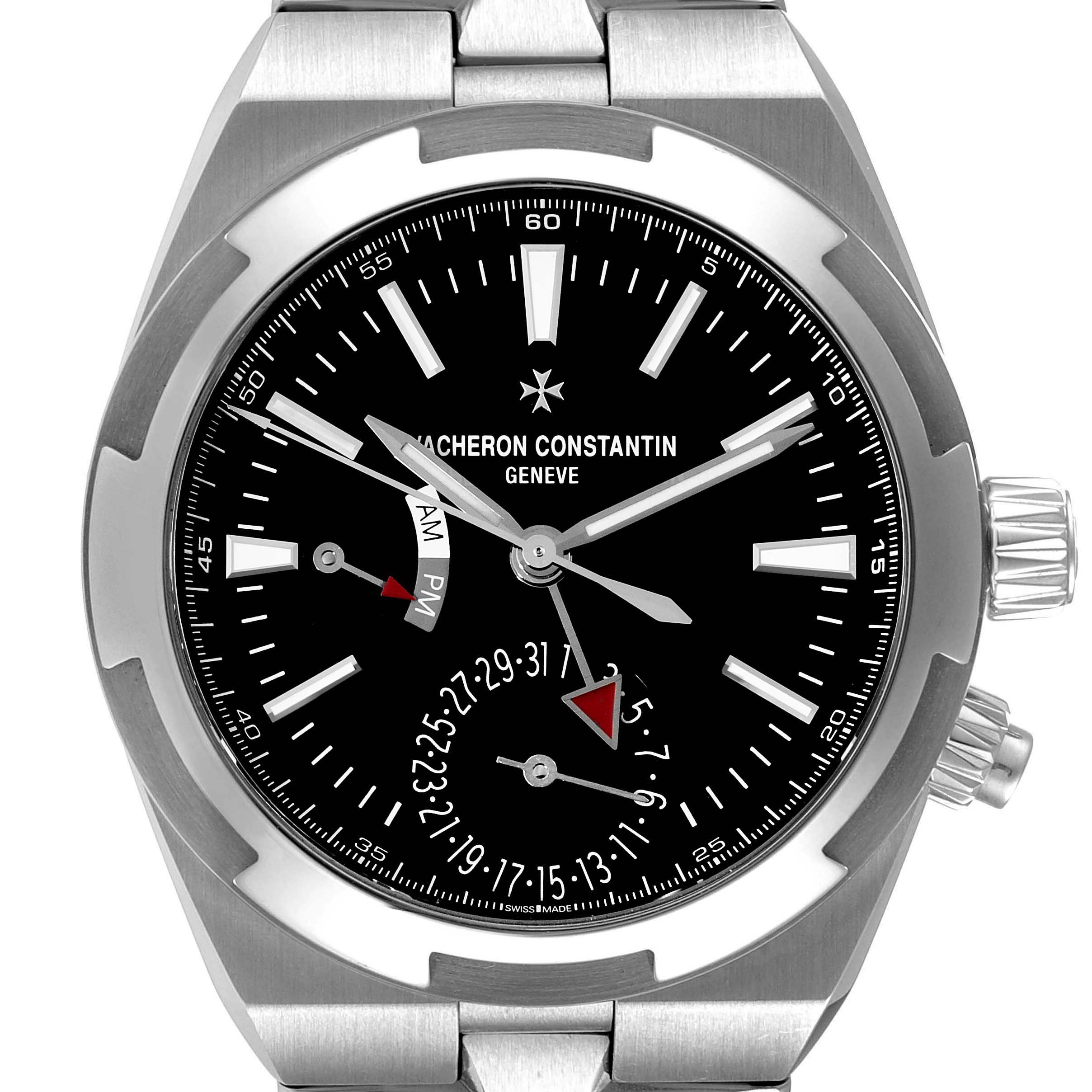 This image of the Vacheron Constantin Overseas 7900V/110A-B546 Men's Stainless Steel Black Dial 7900V/110A-B546 Men's Stainless Steel Black Dial watch shows a front view, highlighting the dial, hands, and stainless steel case.