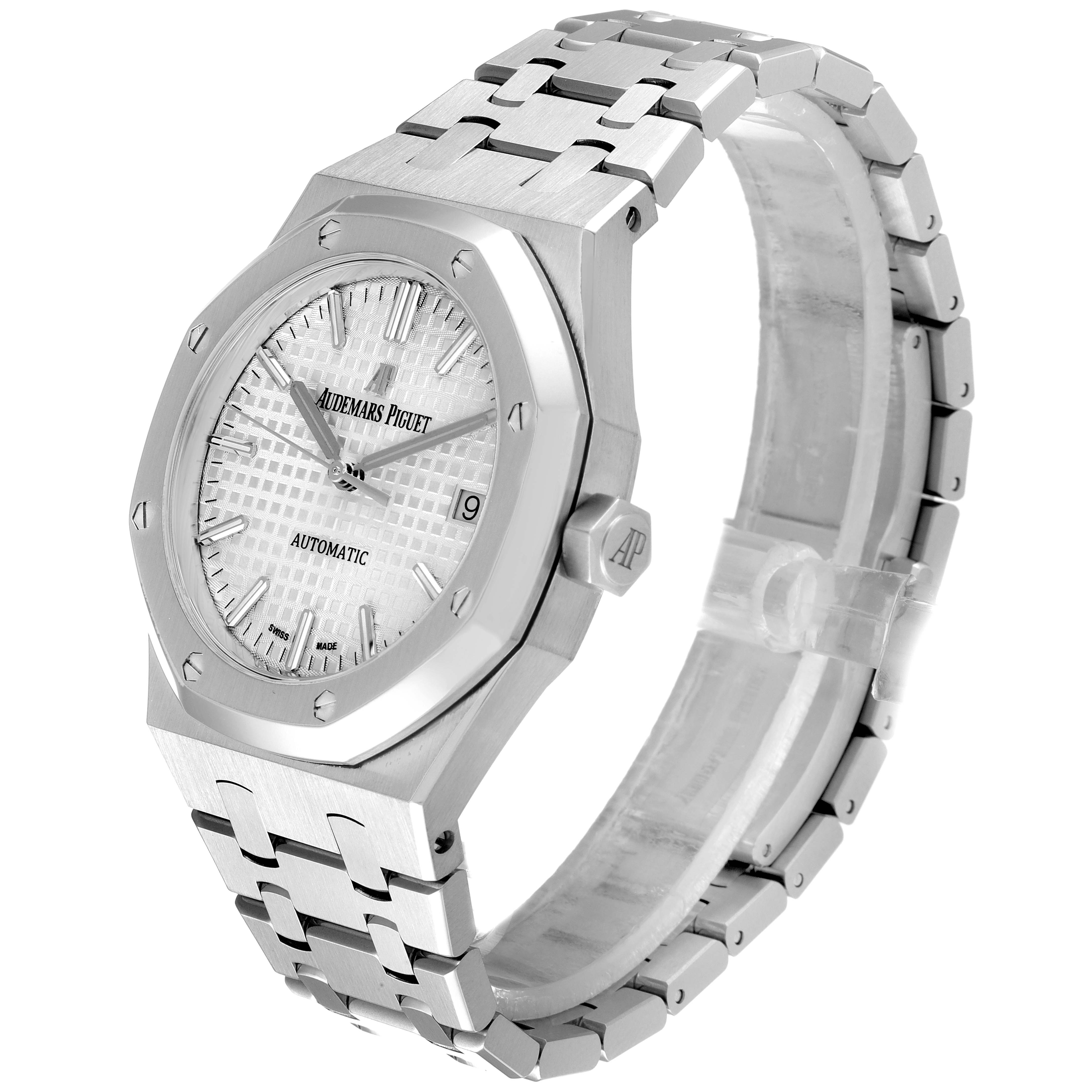 The image shows a side view of the Audemars Piguet Royal Oak 15450ST.OO.1256ST.01 Men's Stainless Steel Silver Dial 15450ST.OO.1256ST.01 Men's Stainless Steel Silver Dial watch, highlighting its face, bezel, crown, and metal bracelet.