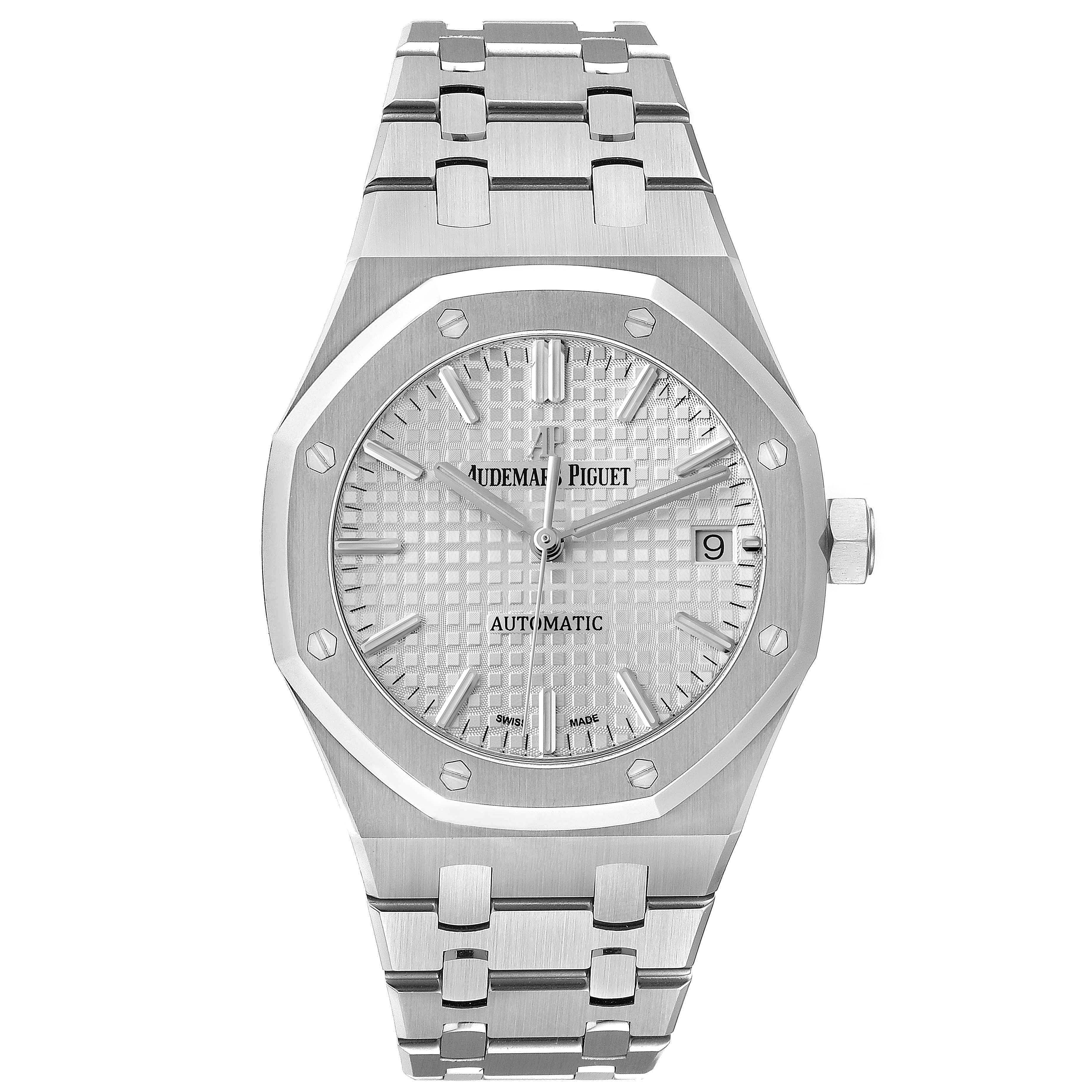 This image shows a front view of an Audemars Piguet Royal Oak 15450ST.OO.1256ST.01 Men's Stainless Steel Silver Dial 15450ST.OO.1256ST.01 Men's Stainless Steel Silver Dial model watch, featuring its dial, bezel, and bracelet.