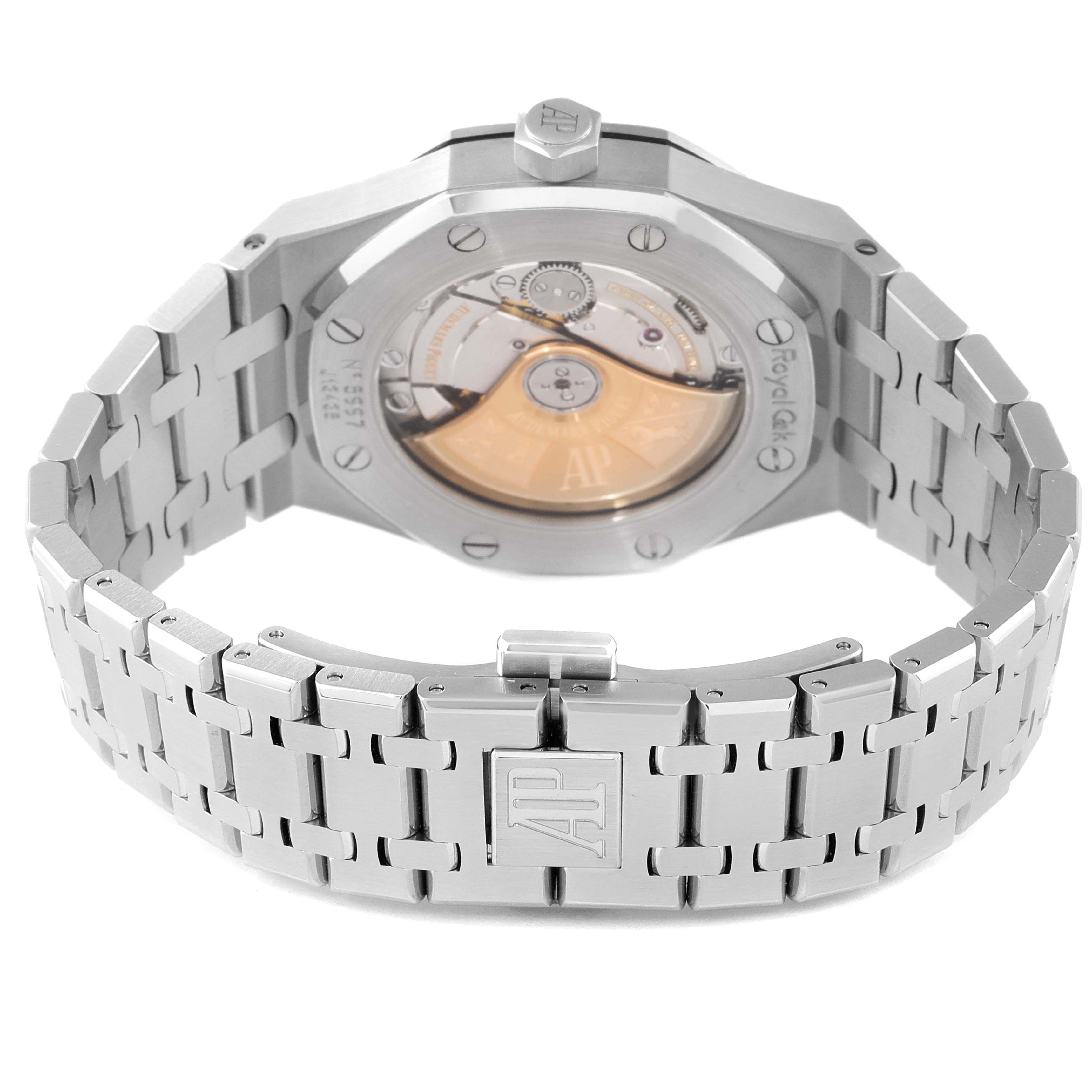 This image shows the back view of an Audemars Piguet Royal Oak 15450ST.OO.1256ST.01 Men's Stainless Steel Silver Dial 15450ST.OO.1256ST.01 Men's Stainless Steel Silver Dial watch, including its exhibition case back and stainless steel bracelet.