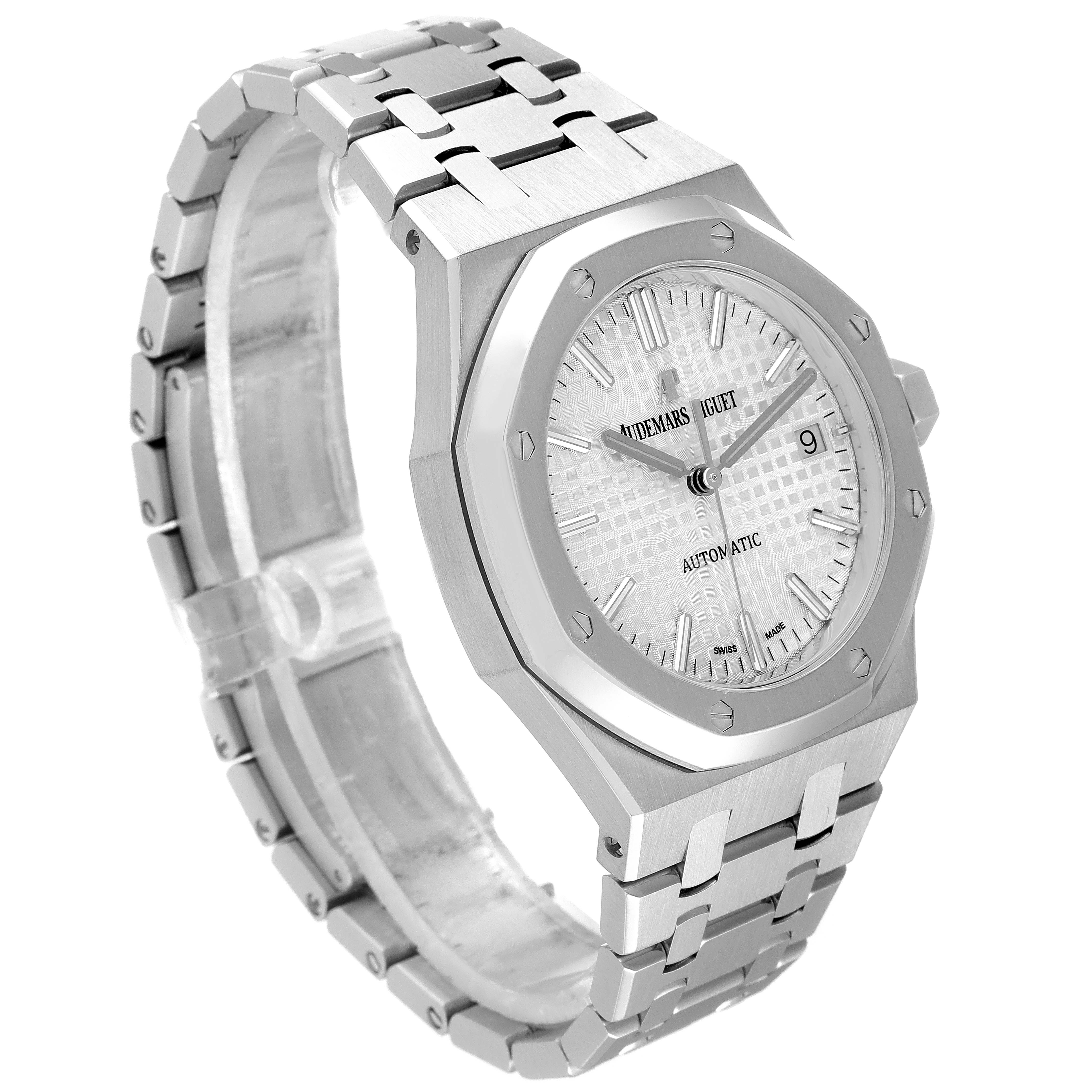 The image shows a side angle of the Audemars Piguet Royal Oak 15450ST.OO.1256ST.01 Men's Stainless Steel Silver Dial 15450ST.OO.1256ST.01 Men's Stainless Steel Silver Dial watch, highlighting the face, bezel, and bracelet.