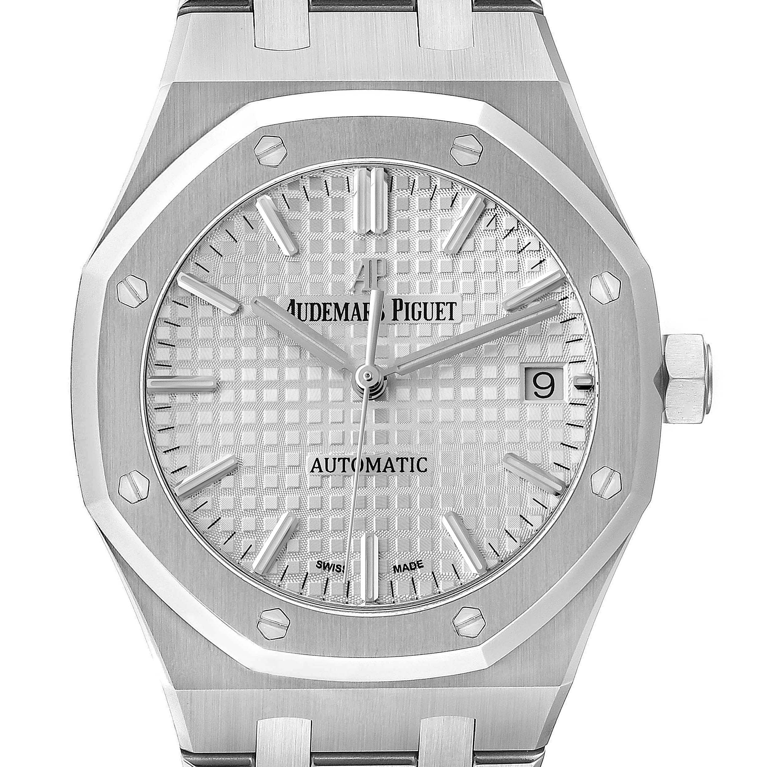 This image shows a front view of the dial, bezel, and right side crown of the Audemars Piguet Royal Oak 15450ST.OO.1256ST.01 Men's Stainless Steel Silver Dial 15450ST.OO.1256ST.01 Men's Stainless Steel Silver Dial watch.
