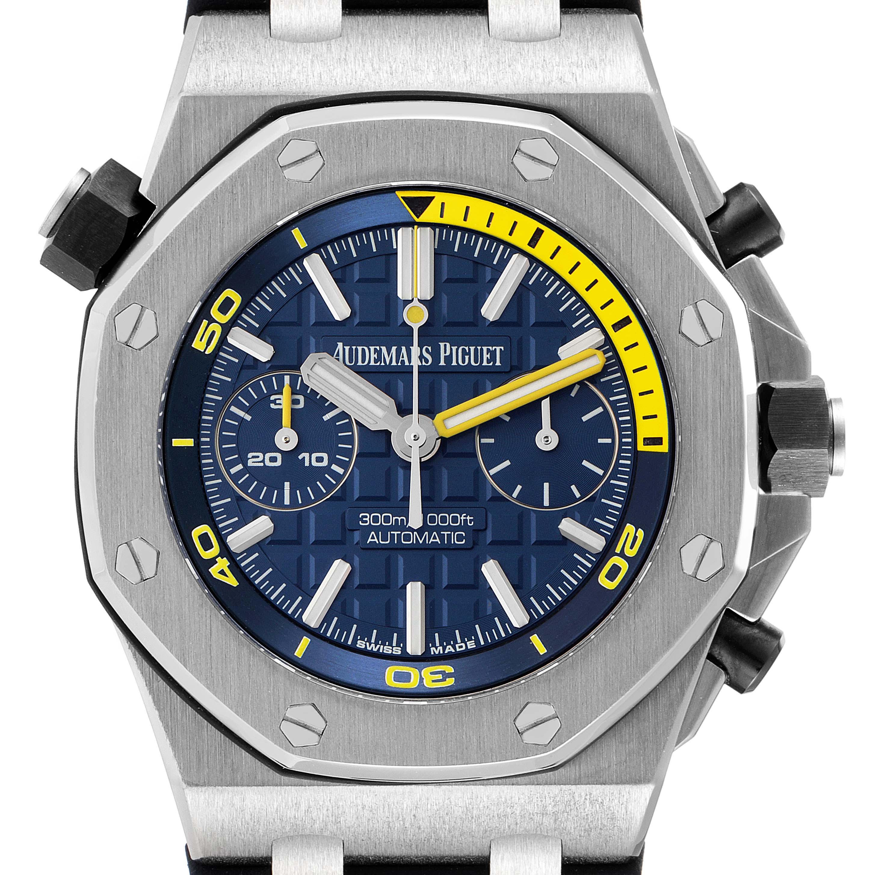 This Audemars Piguet Royal Oak Offshore 26703ST.OO.A027CA.01 Men's Stainless Steel Blue Dial 26703ST.OO.A027CA.01 Men's Stainless Steel Blue Dial watch is shown from the front, highlighting its blue dial, subdials, and yellow accents.