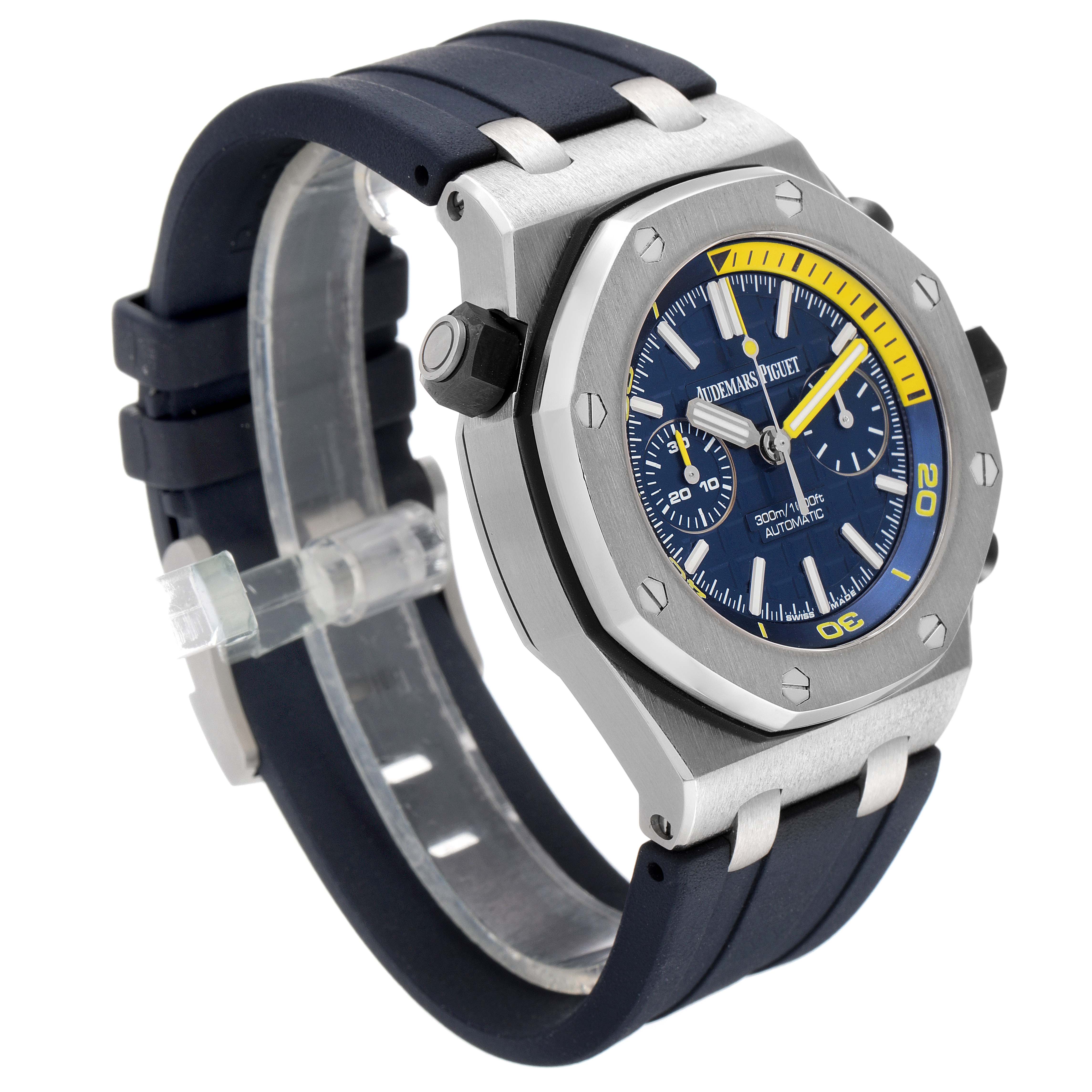 This image shows the front and side view of an Audemars Piguet Royal Oak Offshore 26703ST.OO.A027CA.01 Men's Stainless Steel Blue Dial 26703ST.OO.A027CA.01 Men's Stainless Steel Blue Dial model, including its bezel, dial, and rubber strap.