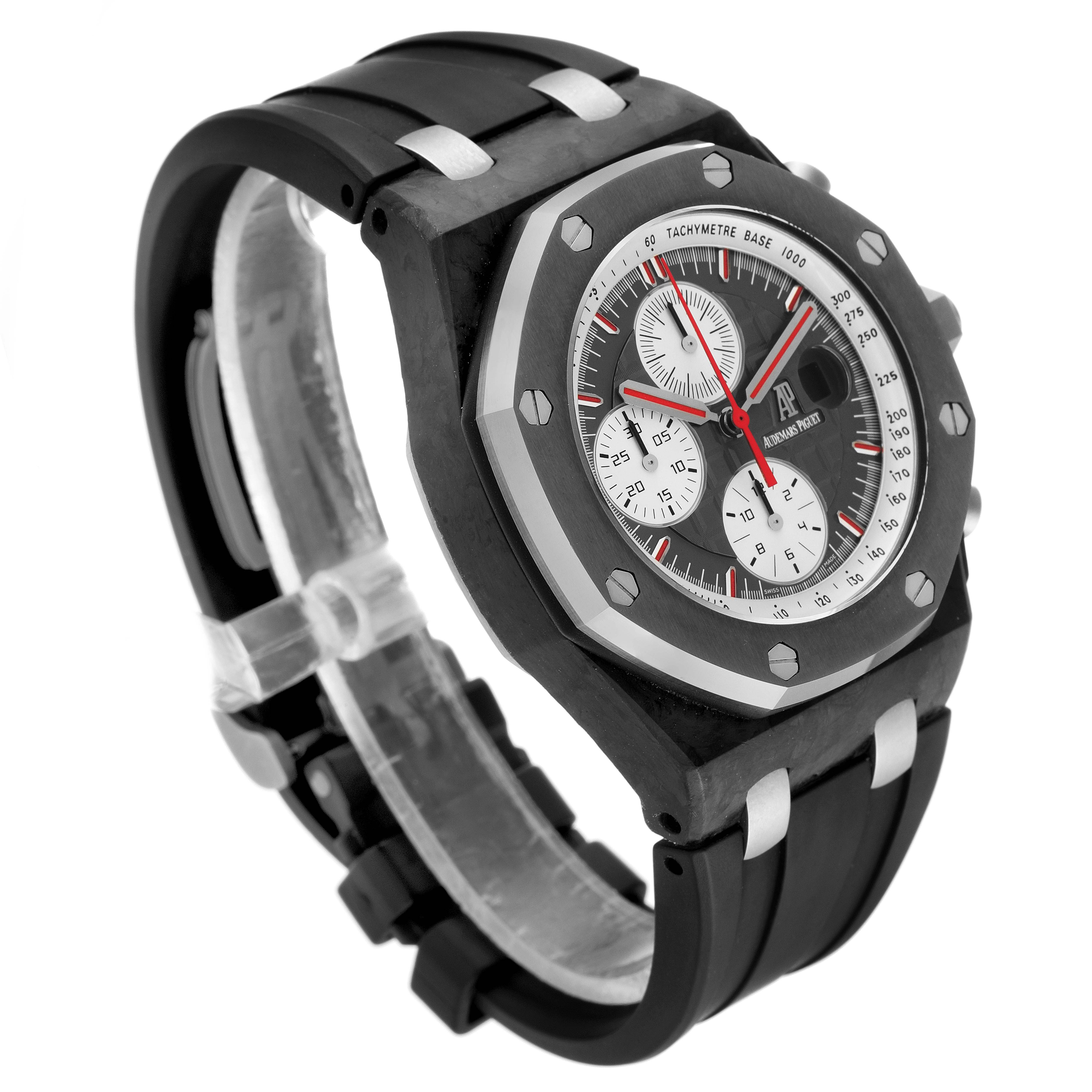 The Royal Oak Offshore by Audemars Piguet is shown at a three-quarter angle, highlighting the watch face, bezel, and rubber strap.