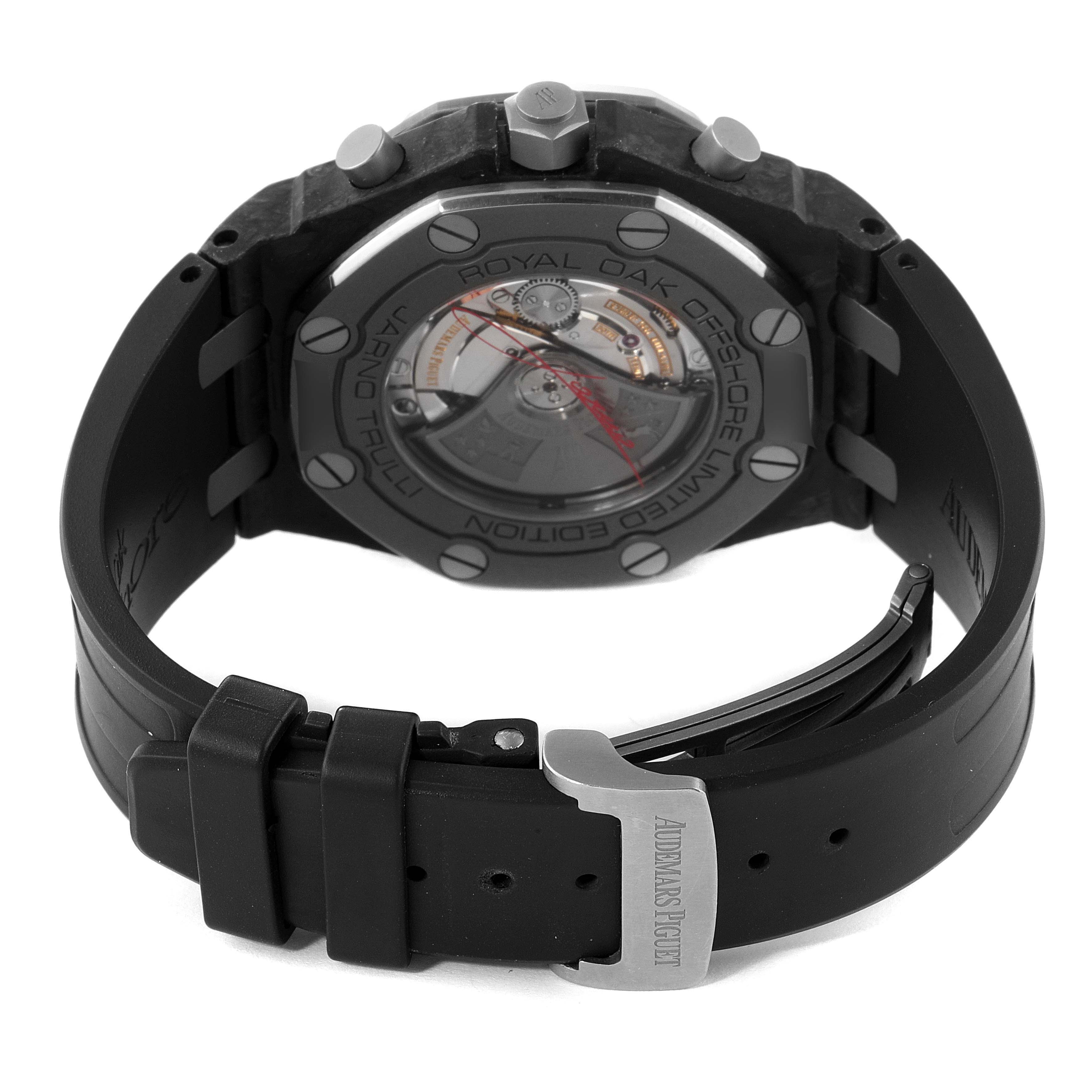 This image shows the back view of an Audemars Piguet Royal Oak Offshore 26202AU.OO.D002CA.01 Men's Stainless Steel Grey Dial 26202AU.OO.D002CA.01 Men's Stainless Steel Grey Dial watch, highlighting the case back and rubber strap with a buckle.