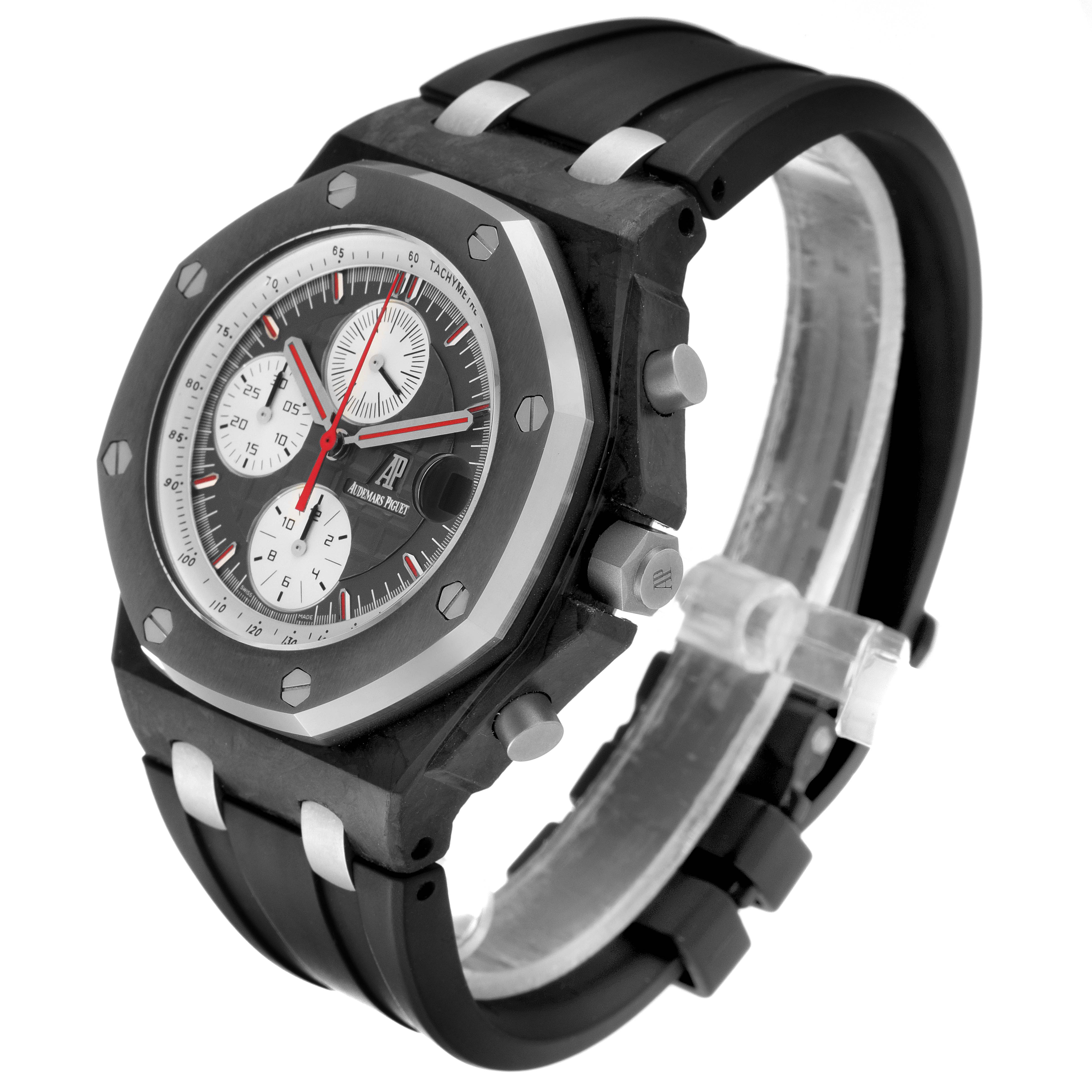 This image shows a Royal Oak Offshore watch by Audemars Piguet at an angle, highlighting the dial, bezel, pushers, and rubber strap.