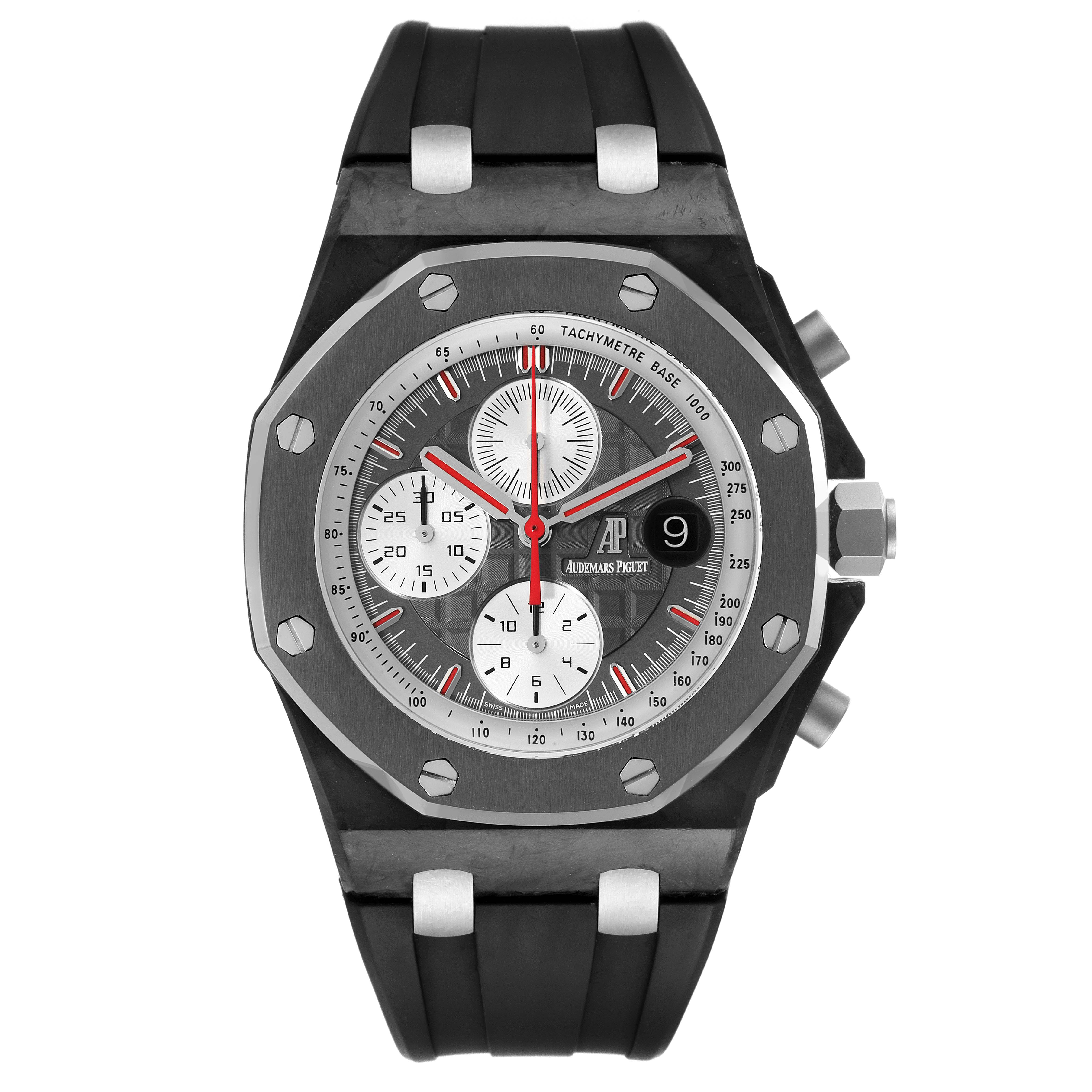 The image shows a front view of an Audemars Piguet Royal Oak Offshore 26202AU.OO.D002CA.01 Men's Stainless Steel Grey Dial 26202AU.OO.D002CA.01 Men's Stainless Steel Grey Dial watch, highlighting its face, bezel, and strap.