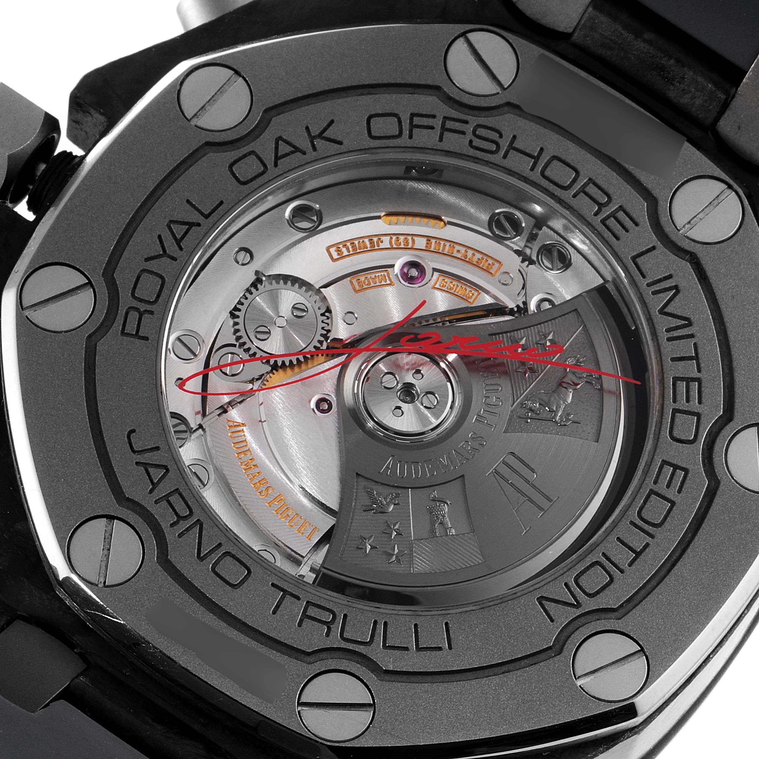 The image shows the back view of the Audemars Piguet Royal Oak Offshore 26202AU.OO.D002CA.01 Men's Stainless Steel Grey Dial 26202AU.OO.D002CA.01 Men's Stainless Steel Grey Dial watch, highlighting the movement and limited edition engraving.