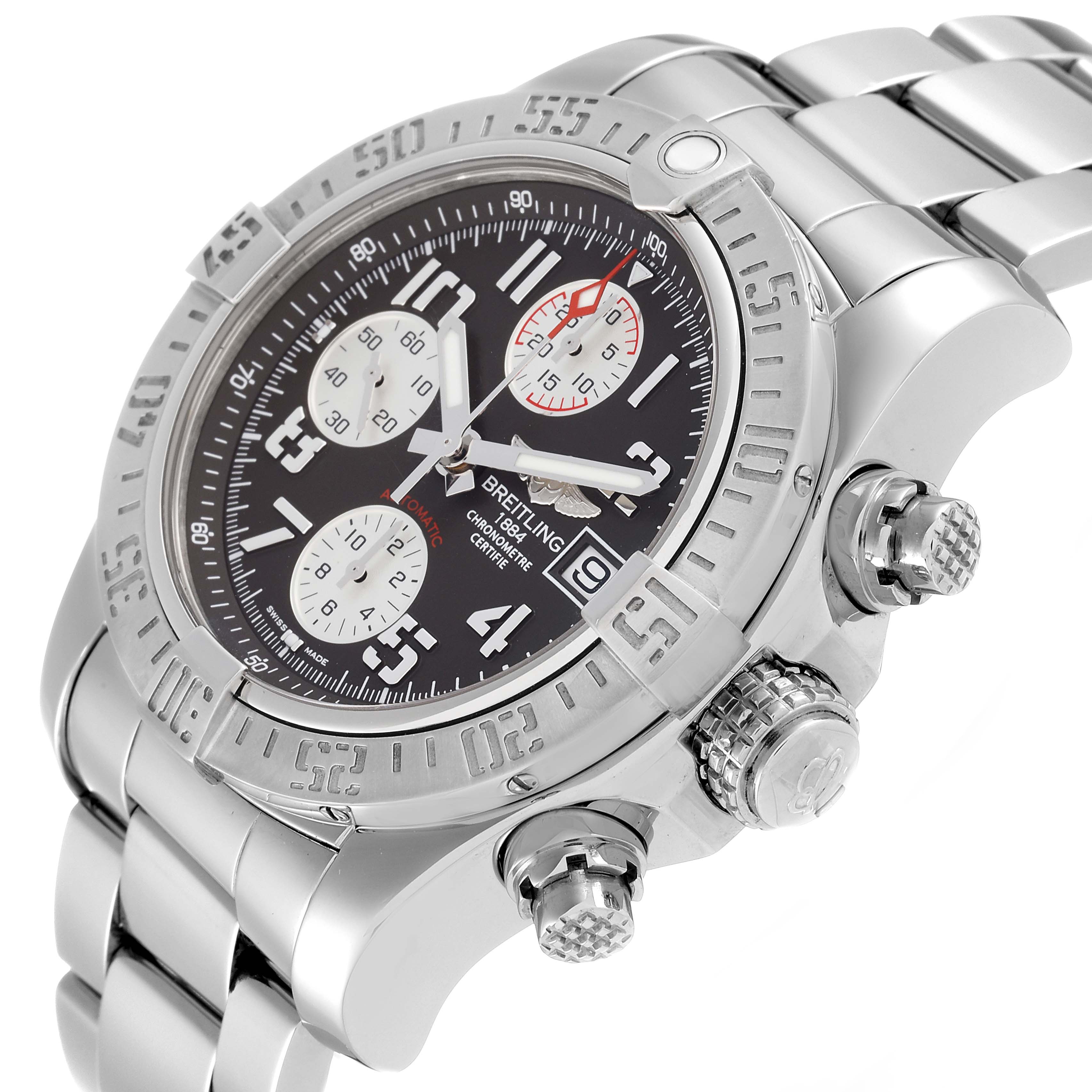 This image shows the Breitling Avenger A13381 Men's Stainless Steel Grey Dial A13381 Men's Stainless Steel Grey Dial watch from an angled view, highlighting its dial, bezel, crown, and chronograph pushers.