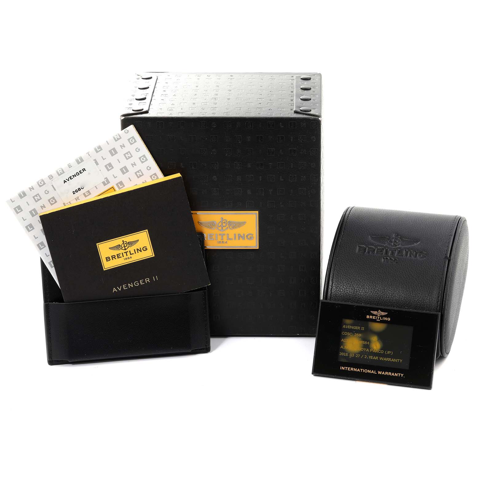 The image shows the packaging, manuals, and warranty card holder for the Breitling Avenger A13381 Men's Stainless Steel Grey Dial A13381 Men's Stainless Steel Grey Dial model.