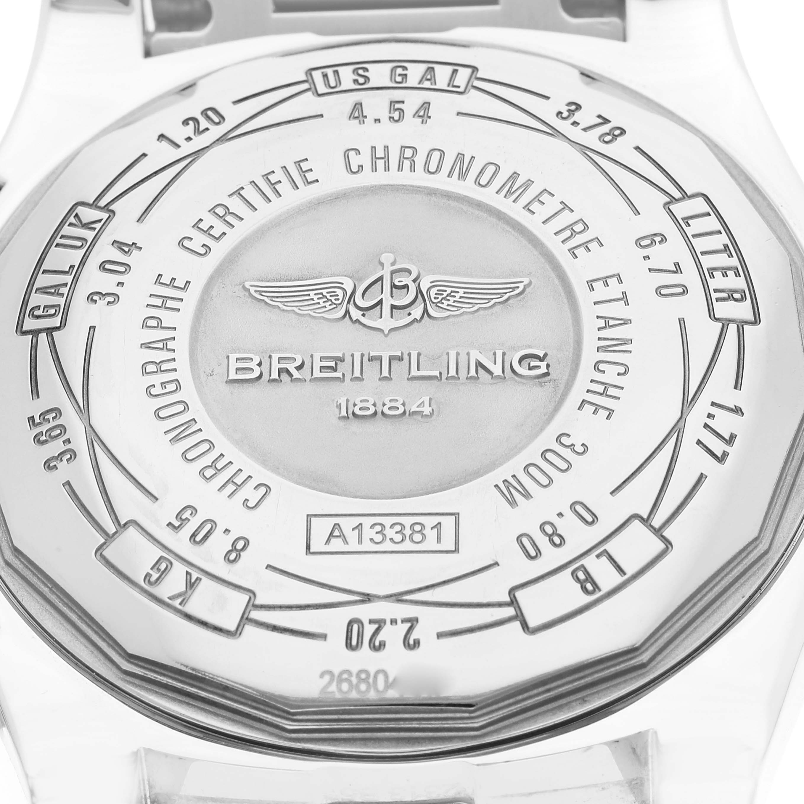 The image shows the back case of a Breitling Avenger A13381 Men's Stainless Steel Grey Dial A13381 Men's Stainless Steel Grey Dial watch, detailing various unit conversions.