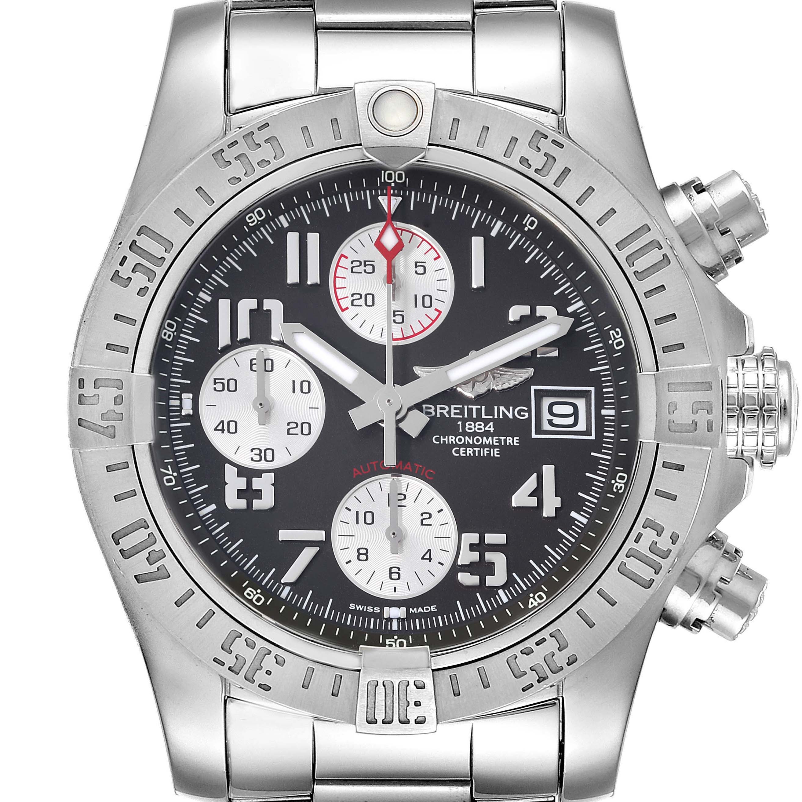 The Breitling Avenger A13381 Men's Stainless Steel Grey Dial A13381 Men's Stainless Steel Grey Dial watch is shown from a front angle, highlighting its black dial, three subdials, and stainless steel bracelet.