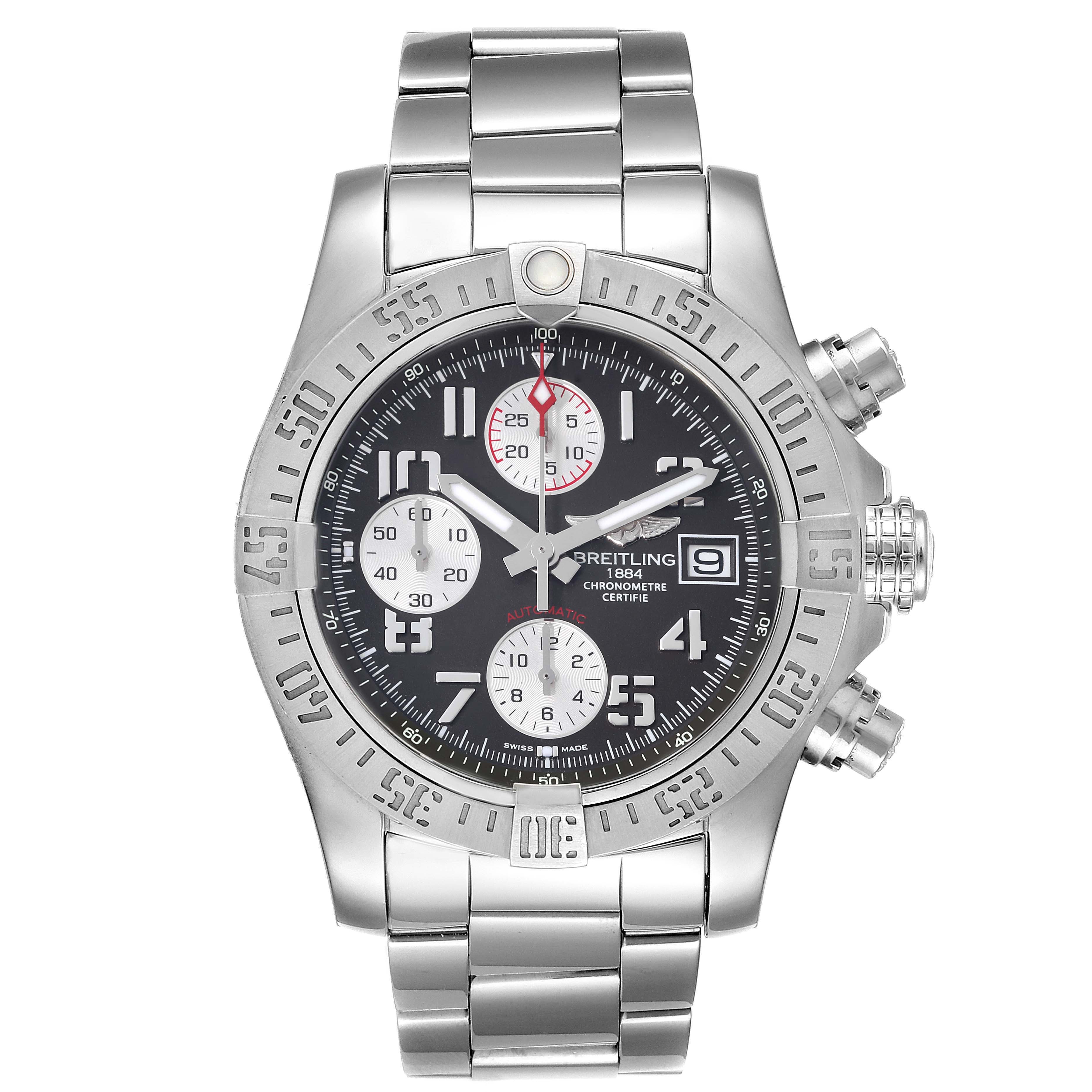 The image shows a front view of the Breitling Avenger A13381 Men's Stainless Steel Grey Dial A13381 Men's Stainless Steel Grey Dial watch, highlighting its bezel, dial, subdials, and metal bracelet.