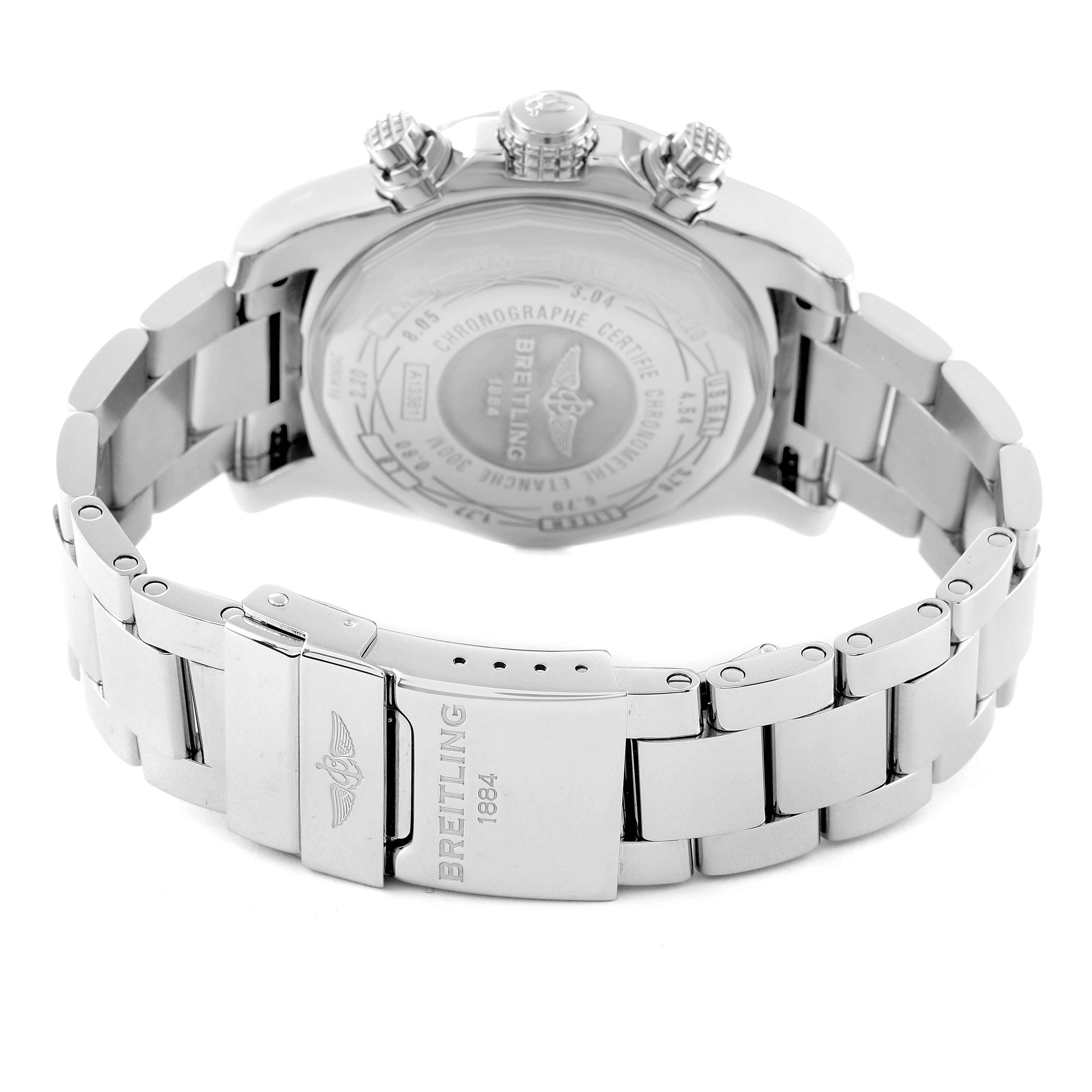 The image shows the back view of a Breitling Avenger A13381 Men's Stainless Steel Grey Dial A13381 Men's Stainless Steel Grey Dial watch, highlighting its case back and metal bracelet clasp.