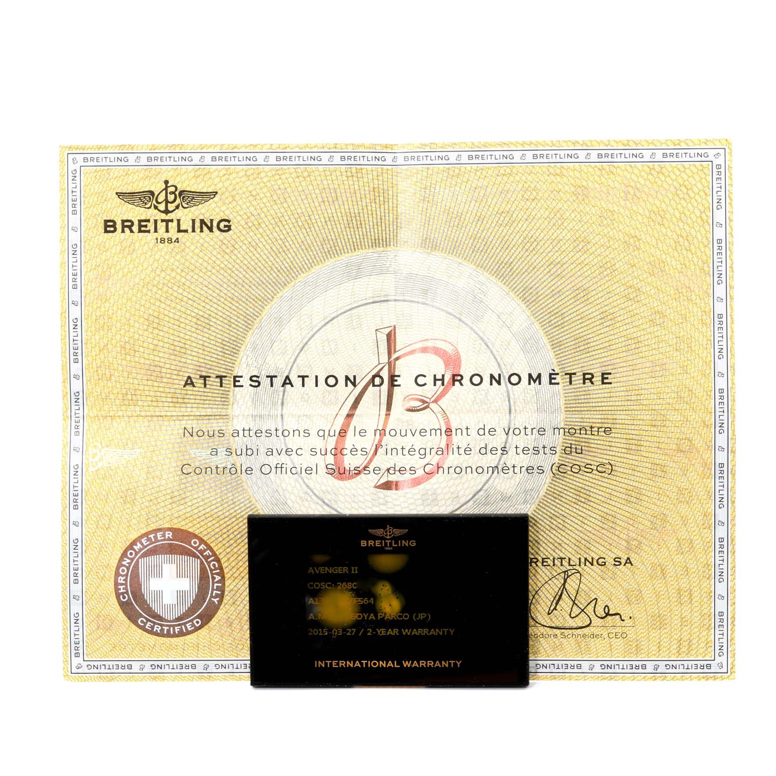 The image shows the certificate and international warranty card for the Breitling Avenger A13381 Men's Stainless Steel Grey Dial A13381 Men's Stainless Steel Grey Dial watch model.