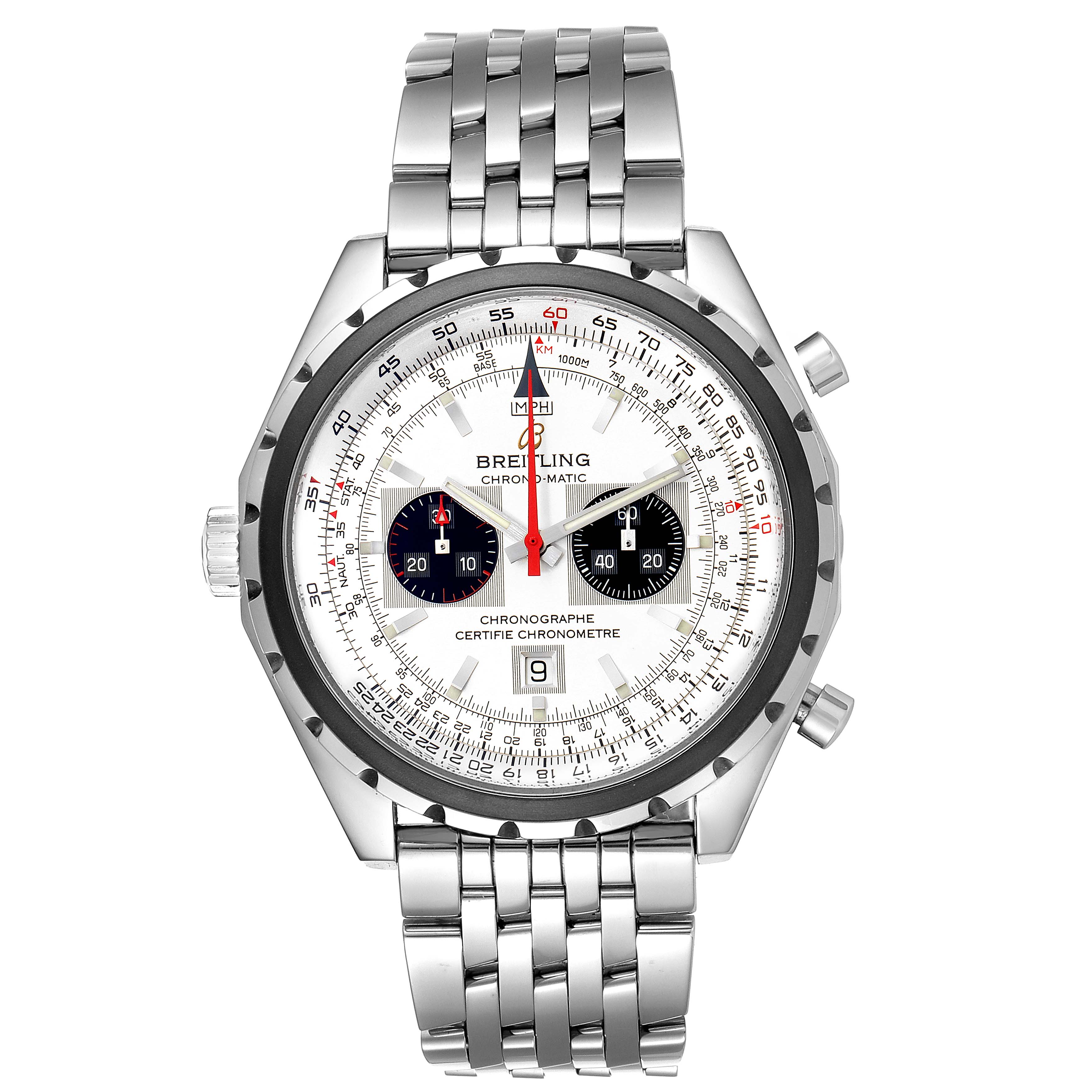 The Breitling Chronomatic A41360 Men's Stainless Steel Silver Dial A41360 Men's Stainless Steel Silver Dial watch is shown from a front angle, displaying its face, dial, chronograph subdials, and metal bracelet.