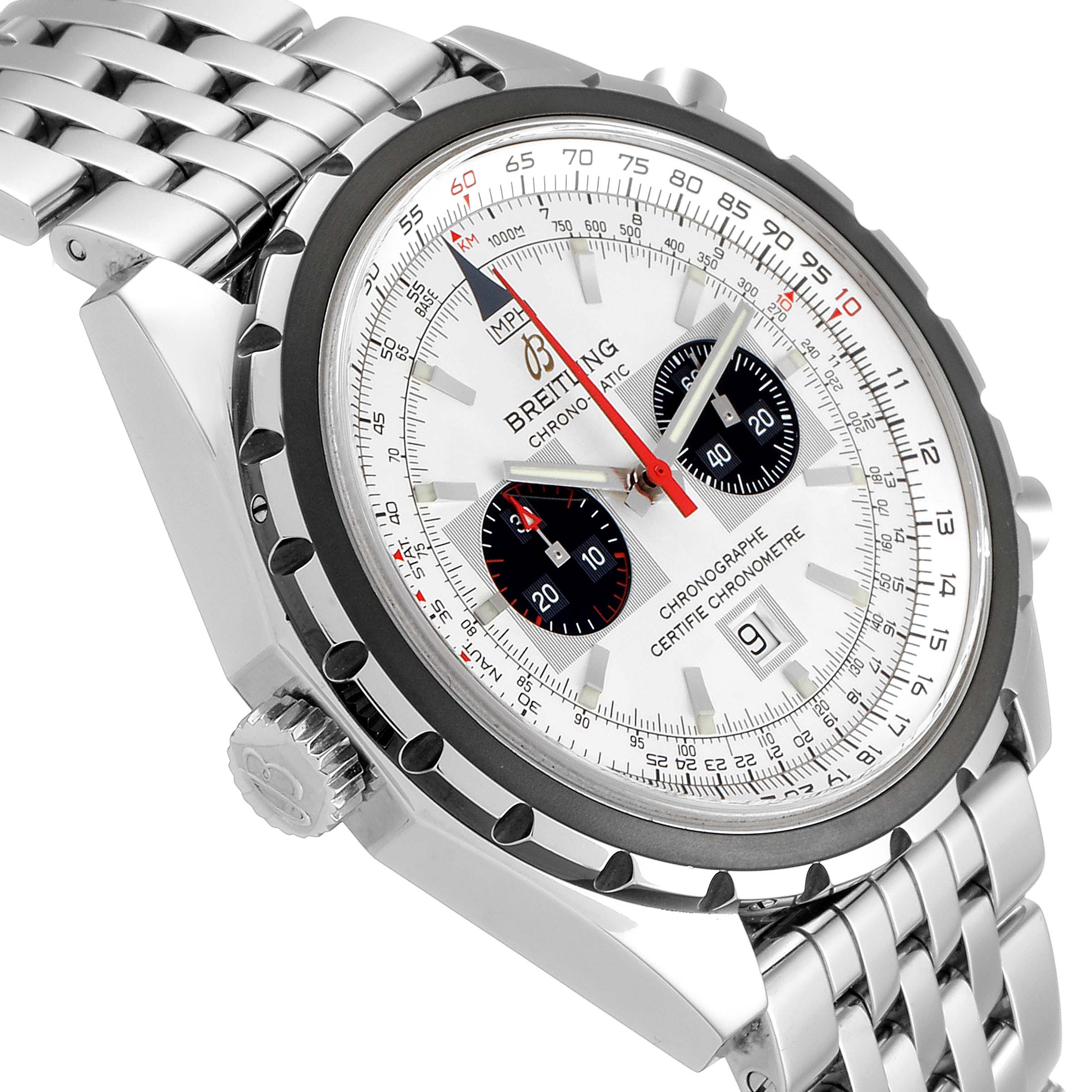 The image shows a Breitling Chronomatic A41360 Men's Stainless Steel Silver Dial A41360 Men's Stainless Steel Silver Dial watch at an angled close-up, revealing the dial, bezel, crown, and part of the bracelet.