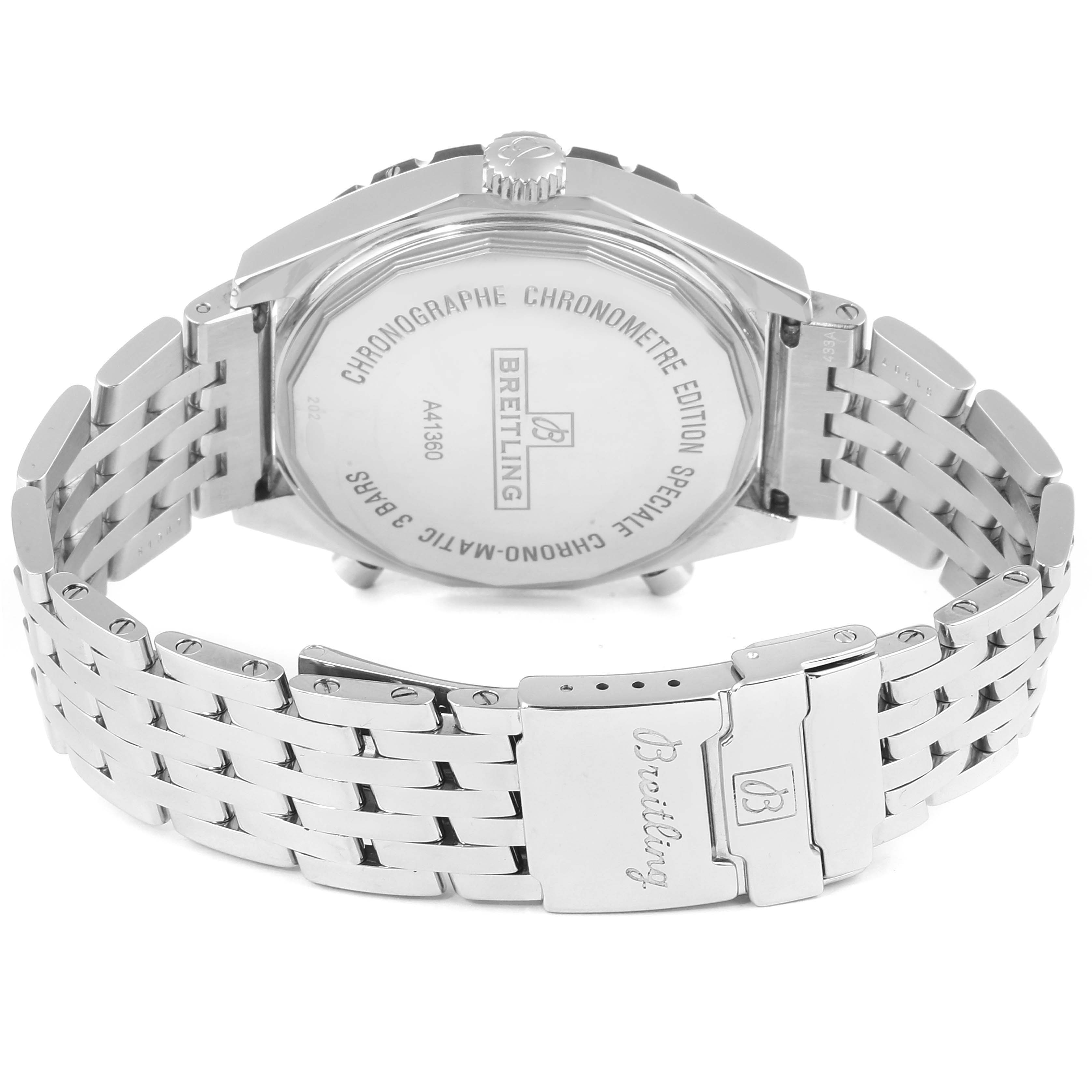 This image of the Breitling Chronomatic A41360 Men's Stainless Steel Silver Dial A41360 Men's Stainless Steel Silver Dial model shows the back casing and metal bracelet with the clasp open.