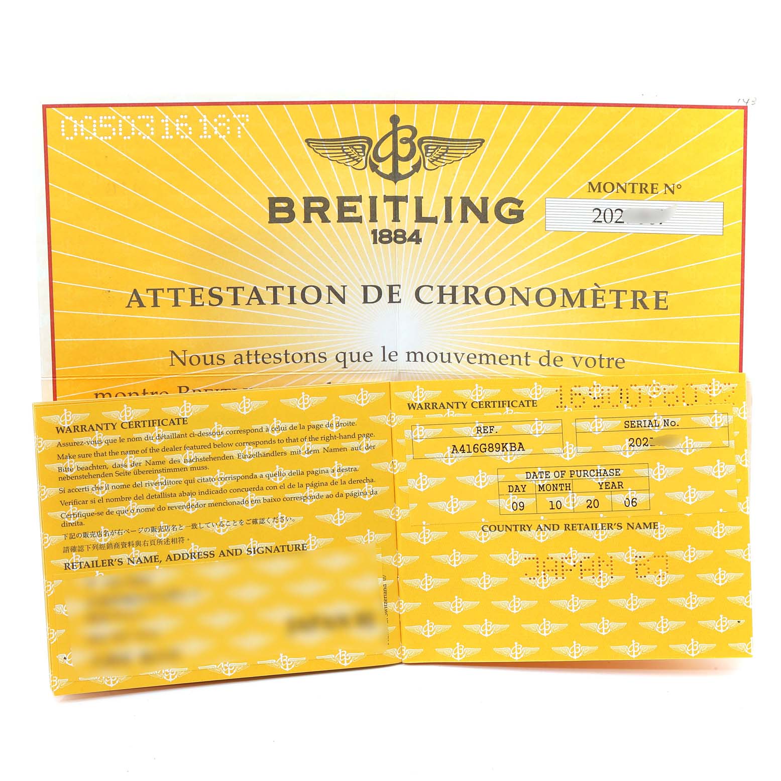 The image shows the warranty certificate and chronometer certification for the Breitling Chronomatic A41360 Men's Stainless Steel Silver Dial A41360 Men's Stainless Steel Silver Dial watch.