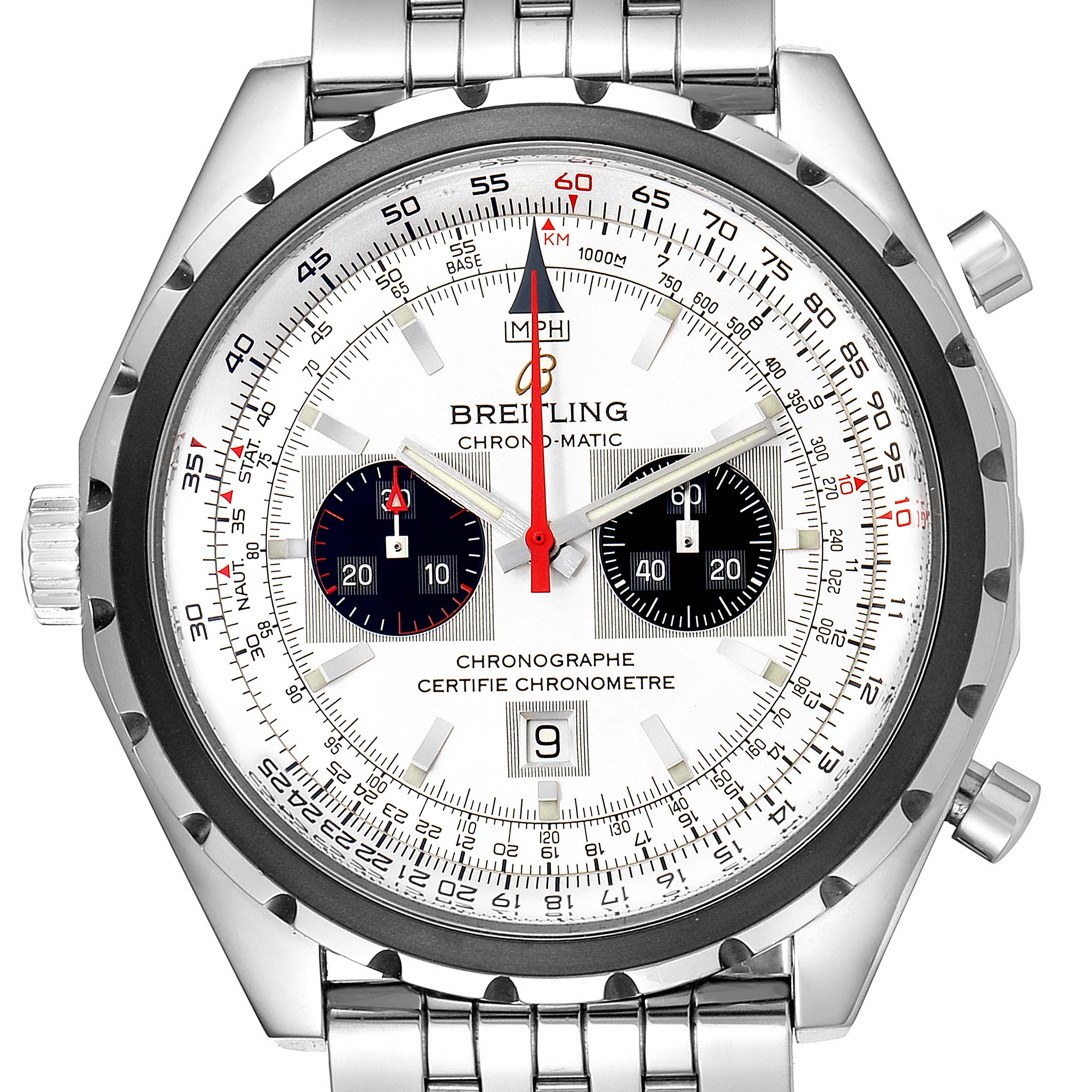 The image shows a front view of the Breitling Chronomatic A41360 Men's Stainless Steel Silver Dial A41360 Men's Stainless Steel Silver Dial watch, displaying its dial, bezel, crown, and a portion of the bracelet.