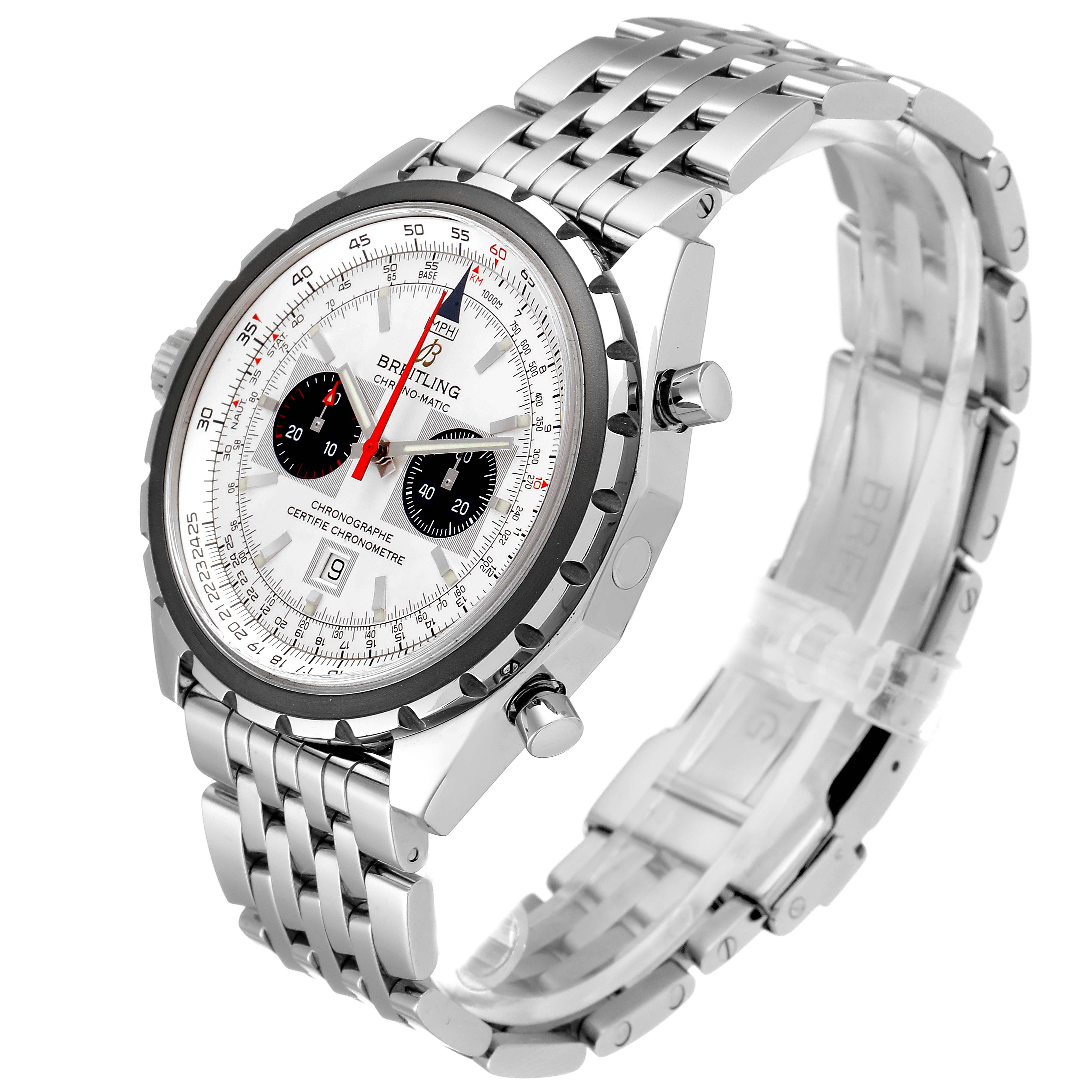The image shows a side and front angle of the Breitling Chronomatic A41360 Men's Stainless Steel Silver Dial A41360 Men's Stainless Steel Silver Dial watch, highlighting its dial, bezel, and bracelet.
