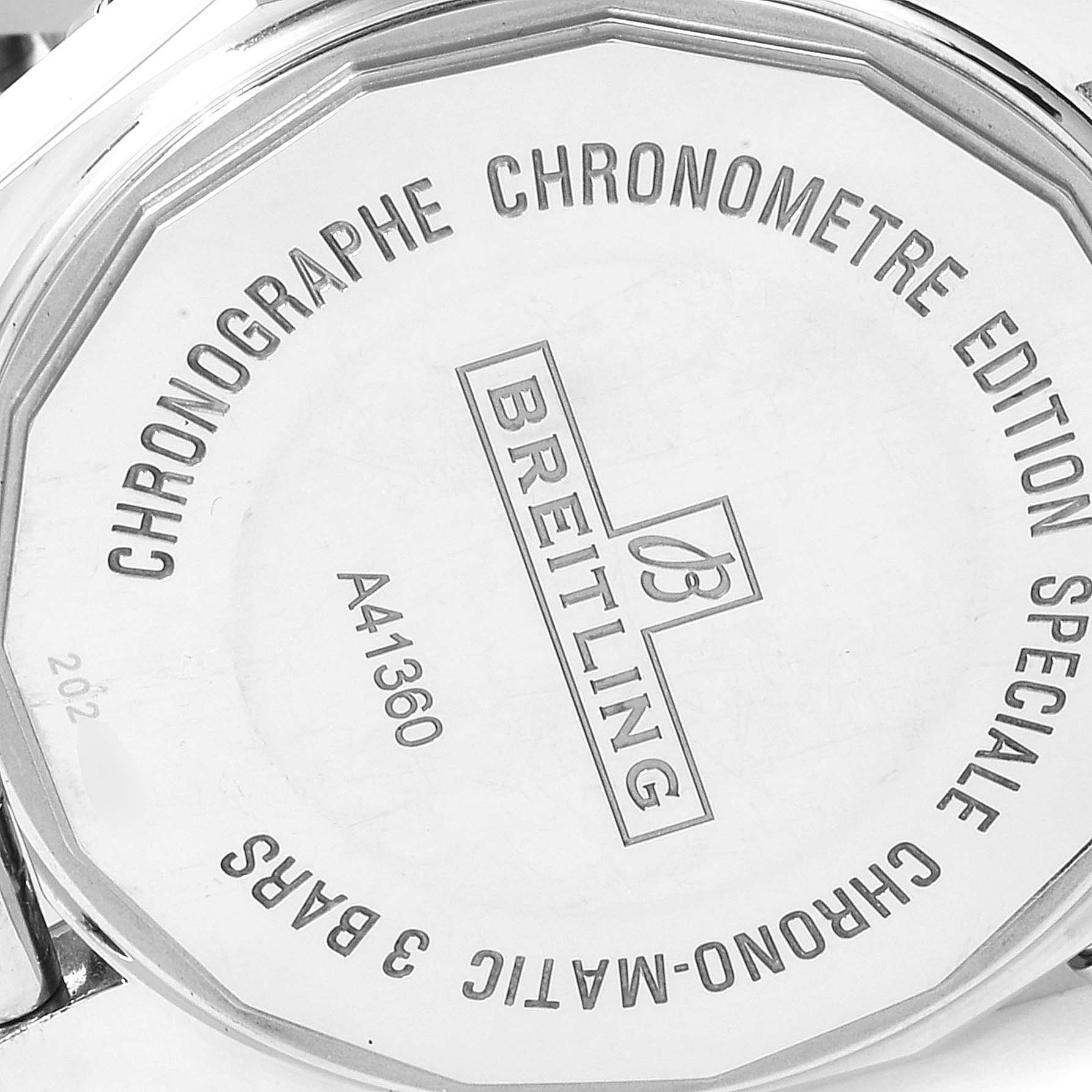 This image shows the back case of the Breitling Chronomatic A41360 Men's Stainless Steel Silver Dial A41360 Men's Stainless Steel Silver Dial watch, highlighting its model and specifications.