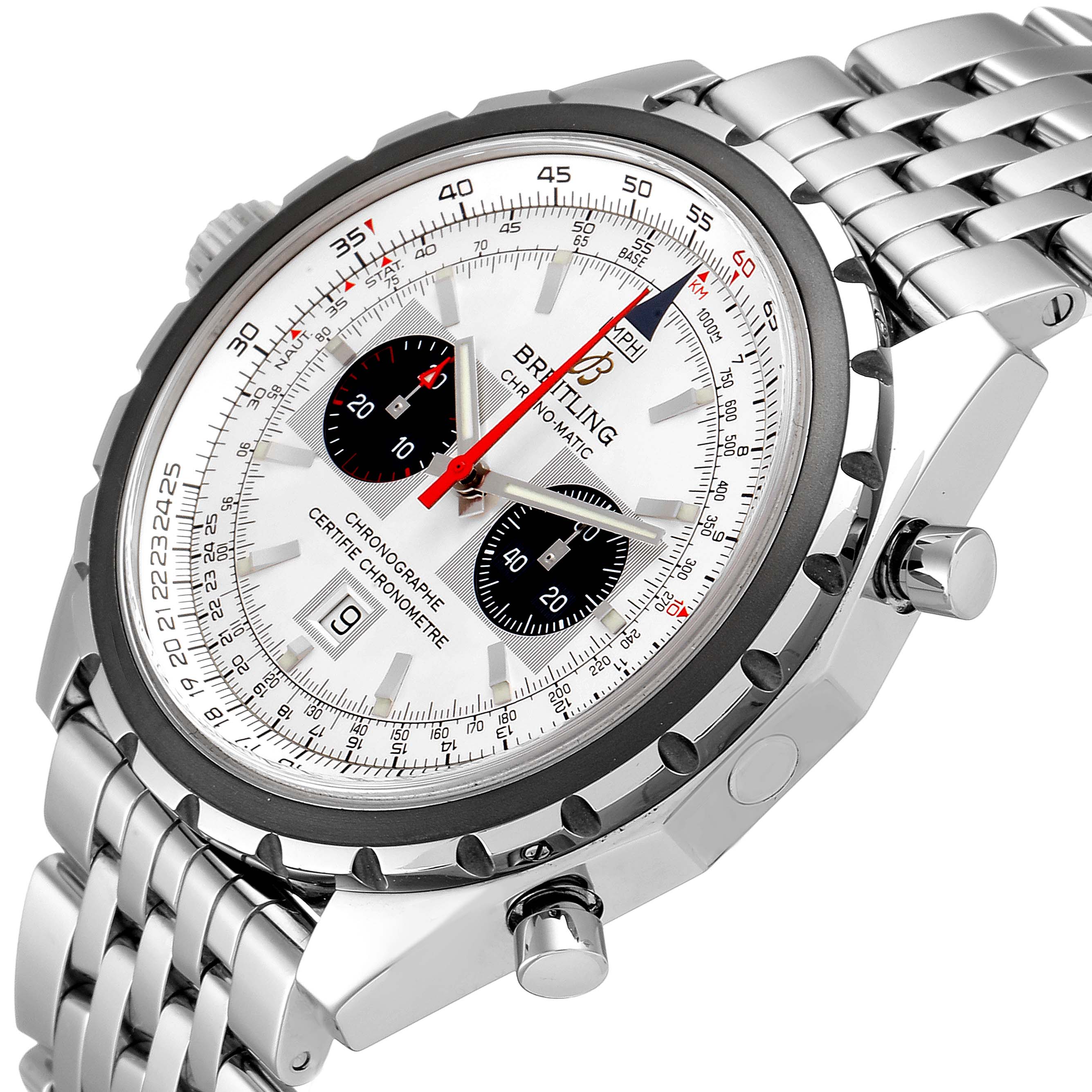 The Breitling Chronomatic A41360 Men's Stainless Steel Silver Dial A41360 Men's Stainless Steel Silver Dial watch is shown at a slight angle, highlighting its face, bezel, crown, and stainless steel bracelet.