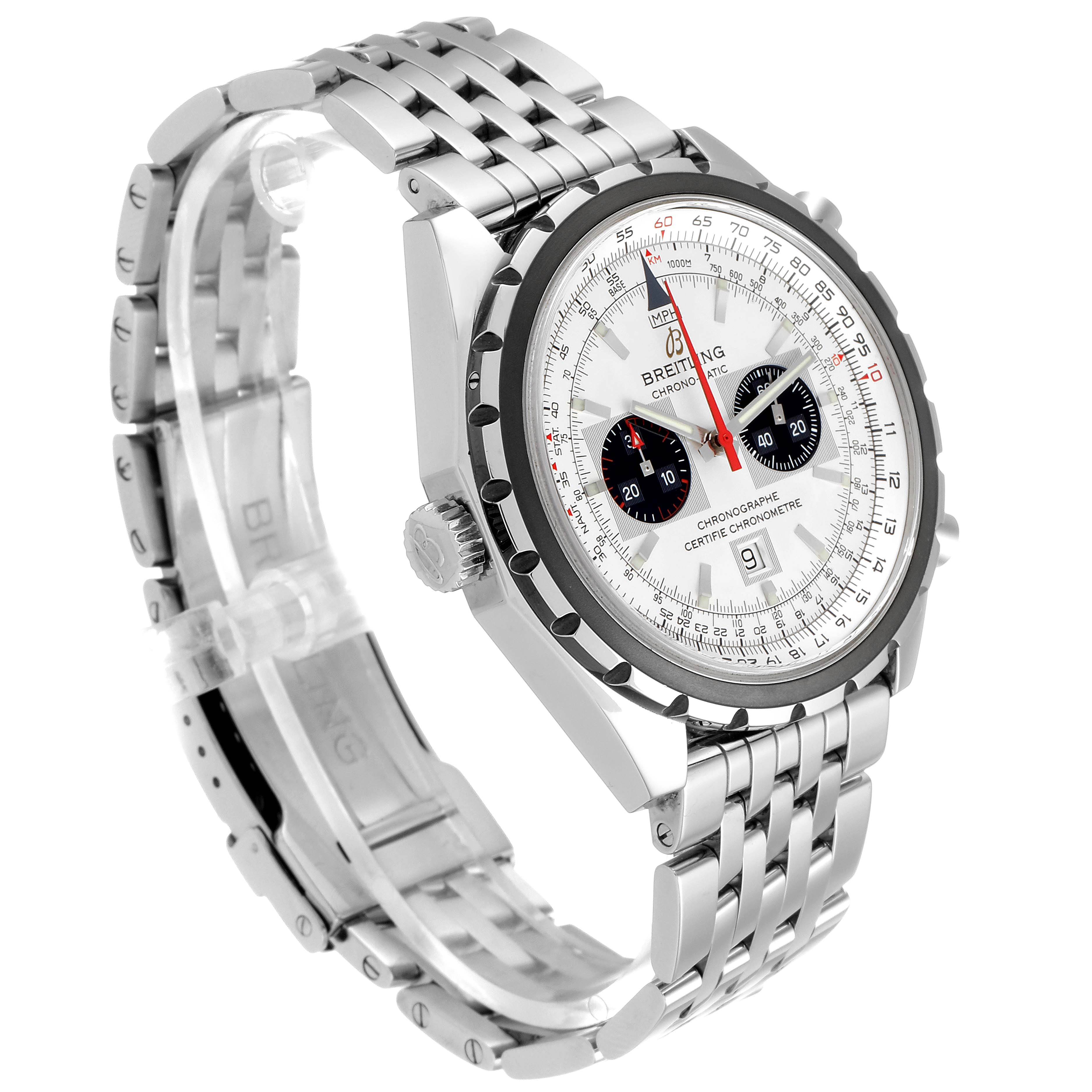 The image shows a side angle of the Breitling Chronomatic A41360 Men's Stainless Steel Silver Dial A41360 Men's Stainless Steel Silver Dial watch, highlighting its face, bezel, crown, and stainless steel bracelet.