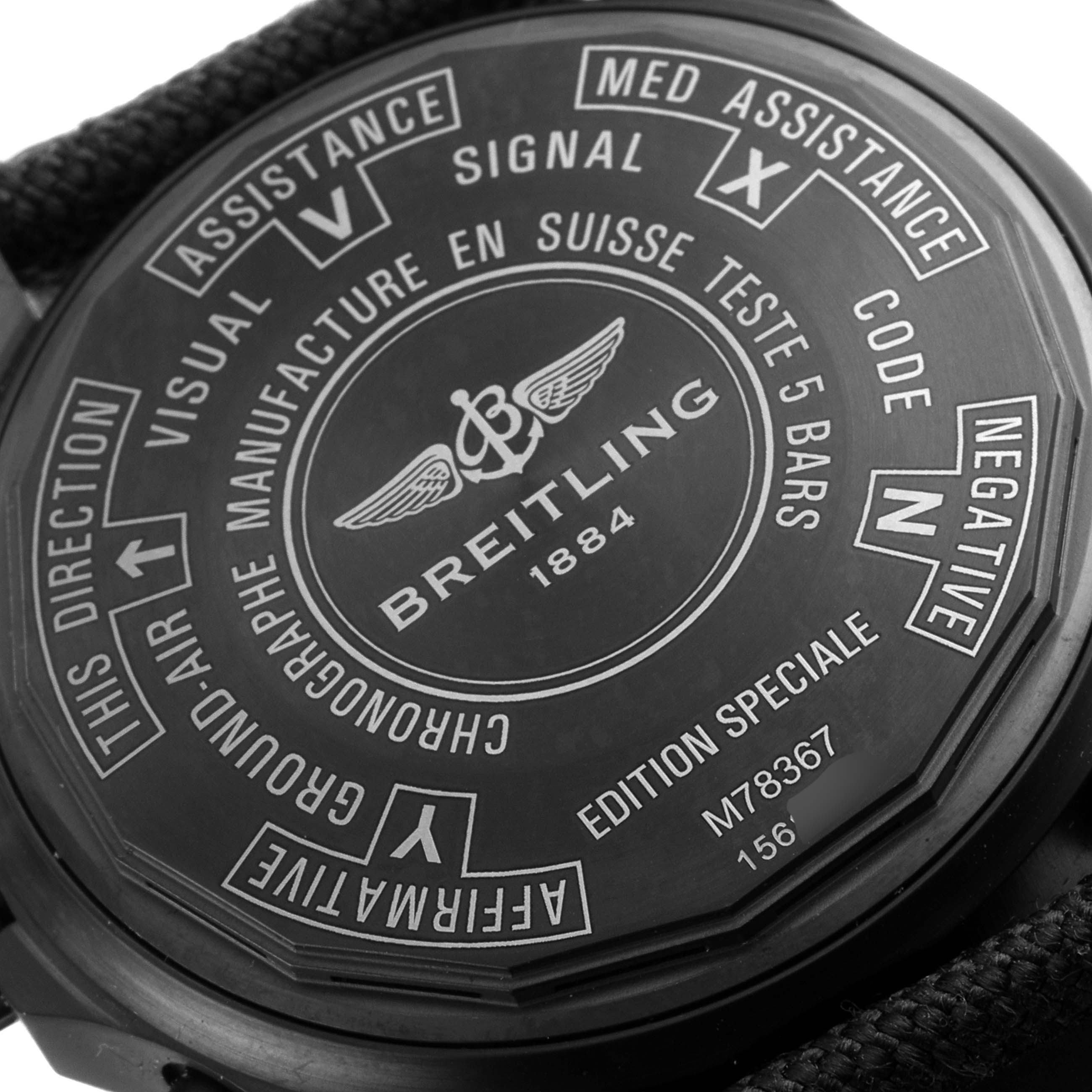 This image shows the case back of a Breitling Professional Series M78367 Men's Stainless Steel Black Dial M78367 Men's Stainless Steel Black Dial watch viewed from a near-flat angle.