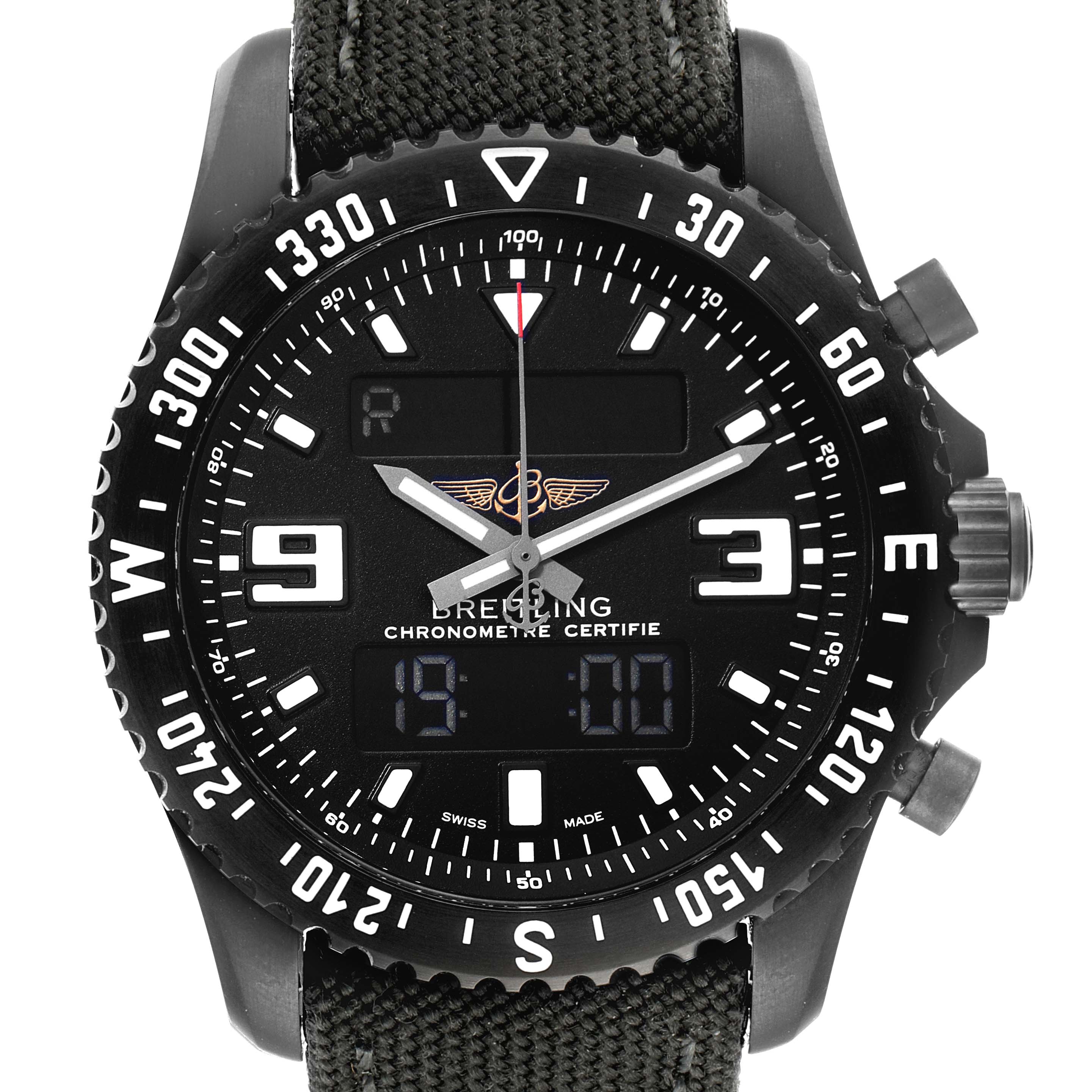 This Breitling Professional Series M78367 Men's Stainless Steel Black Dial M78367 Men's Stainless Steel Black Dial model watch is shown from the front, displaying the face, bezel, hands, and part of the strap.