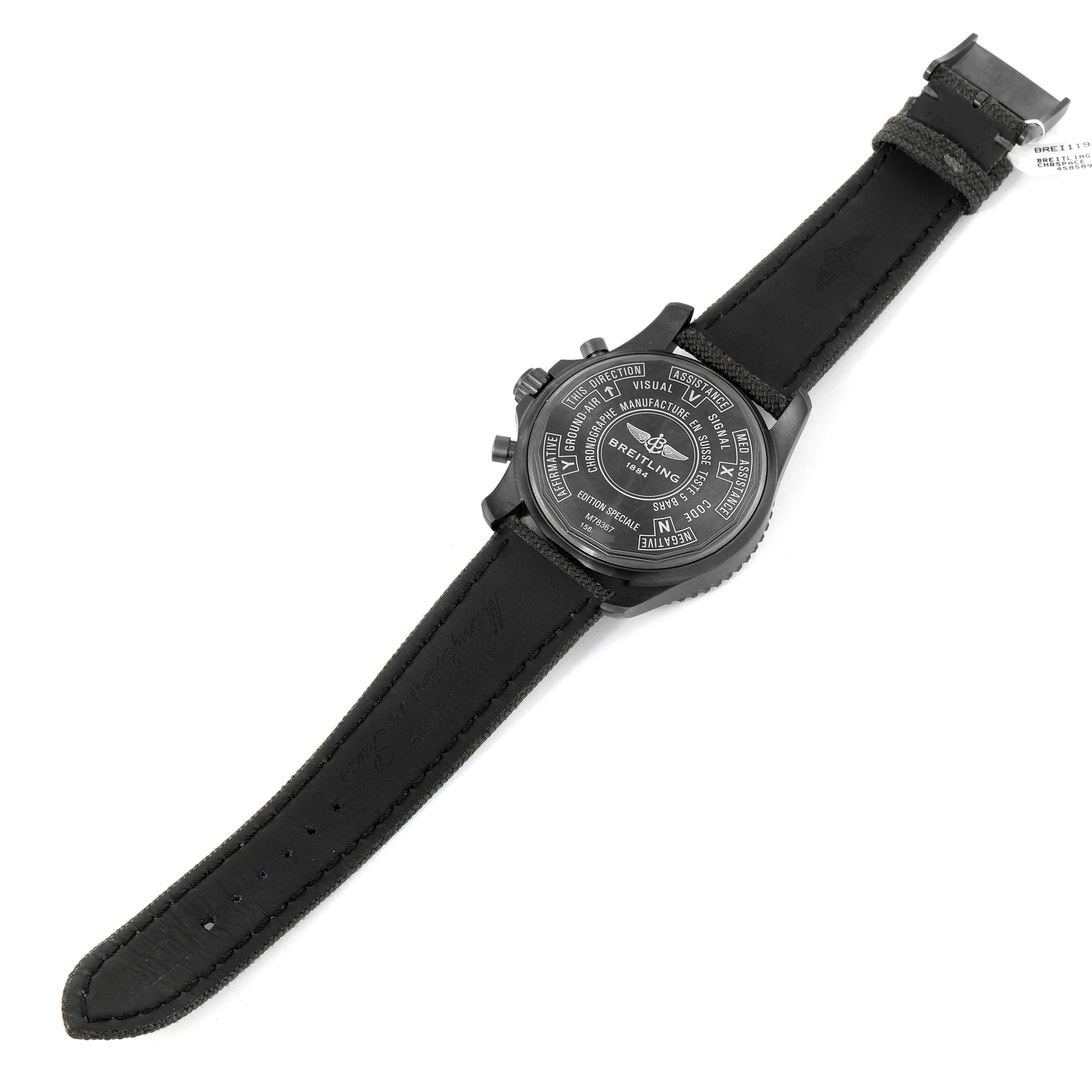 The image shows the back of a Breitling Professional Series M78367 Men's Stainless Steel Black Dial M78367 Men's Stainless Steel Black Dial watch, highlighting the case back and leather strap.