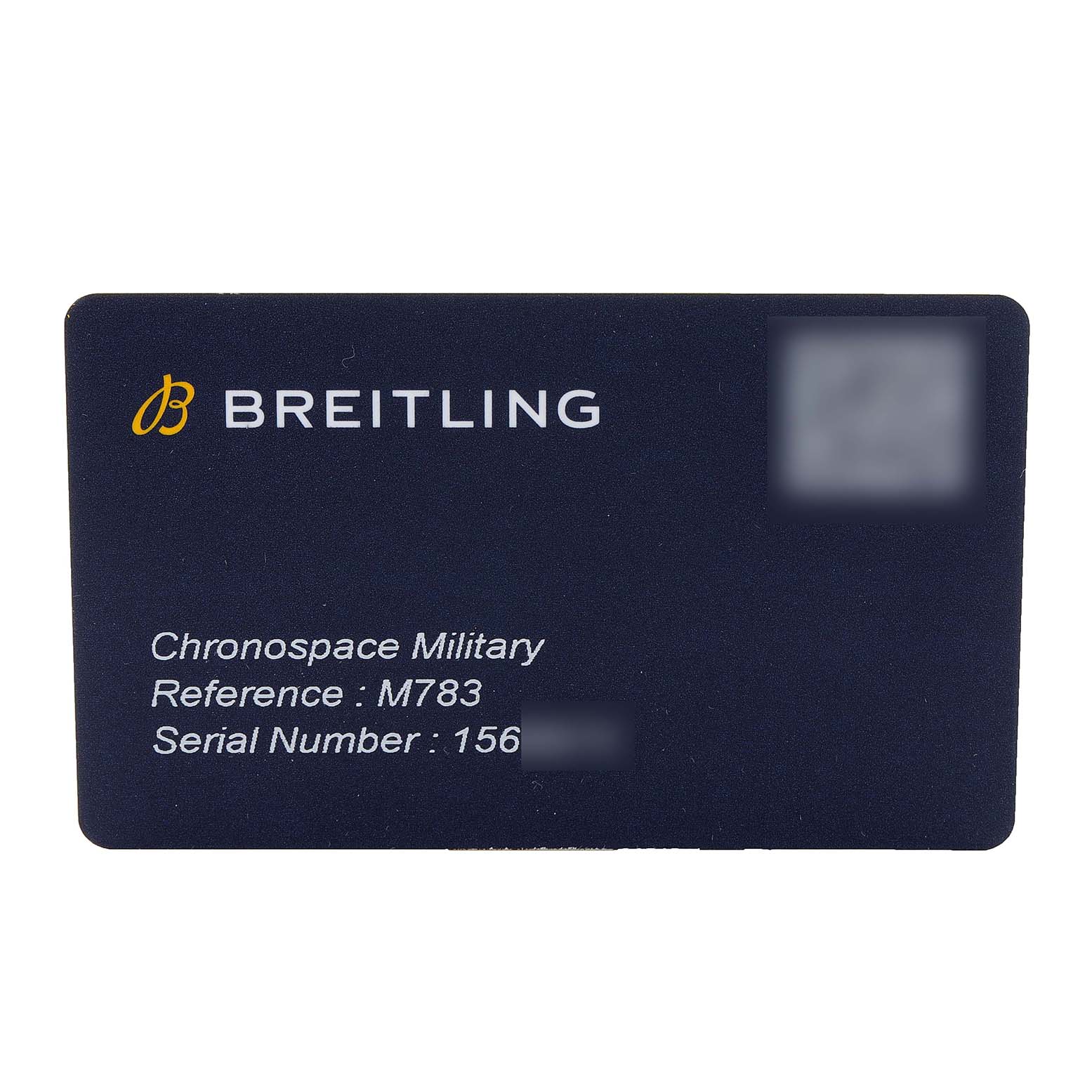 This image shows a warranty card for a Breitling Chronospace Military, with the reference number M783 and serial number partially visible.