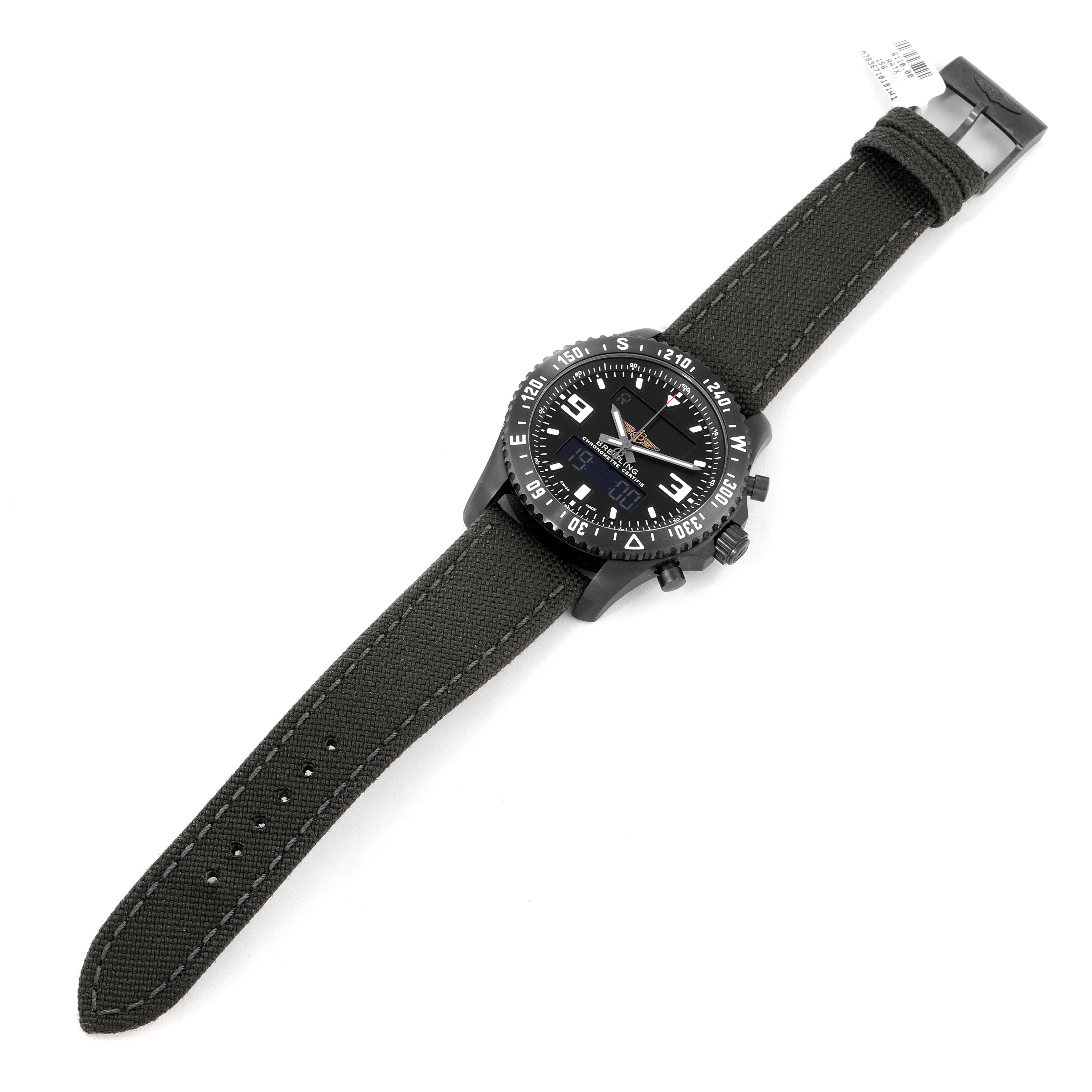 The Breitling Professional Series M78367 Men's Stainless Steel Black Dial M78367 Men's Stainless Steel Black Dial watch is shown from a top-down angle, displaying its face, bezel, crown, and strap.