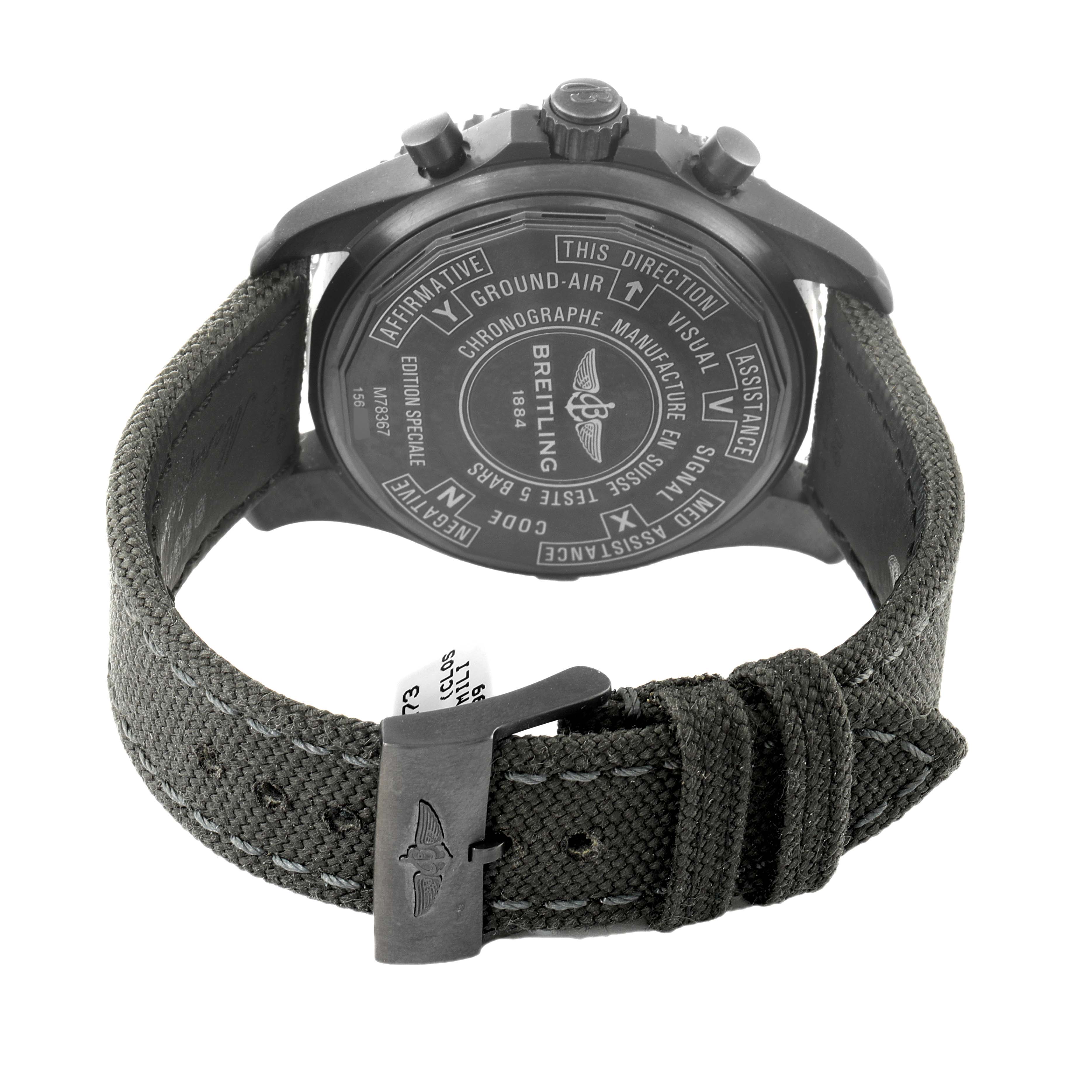 The image shows the back view of a Breitling Professional Series M78367 Men's Stainless Steel Black Dial M78367 Men's Stainless Steel Black Dial watch, highlighting the watch's case back and strap.