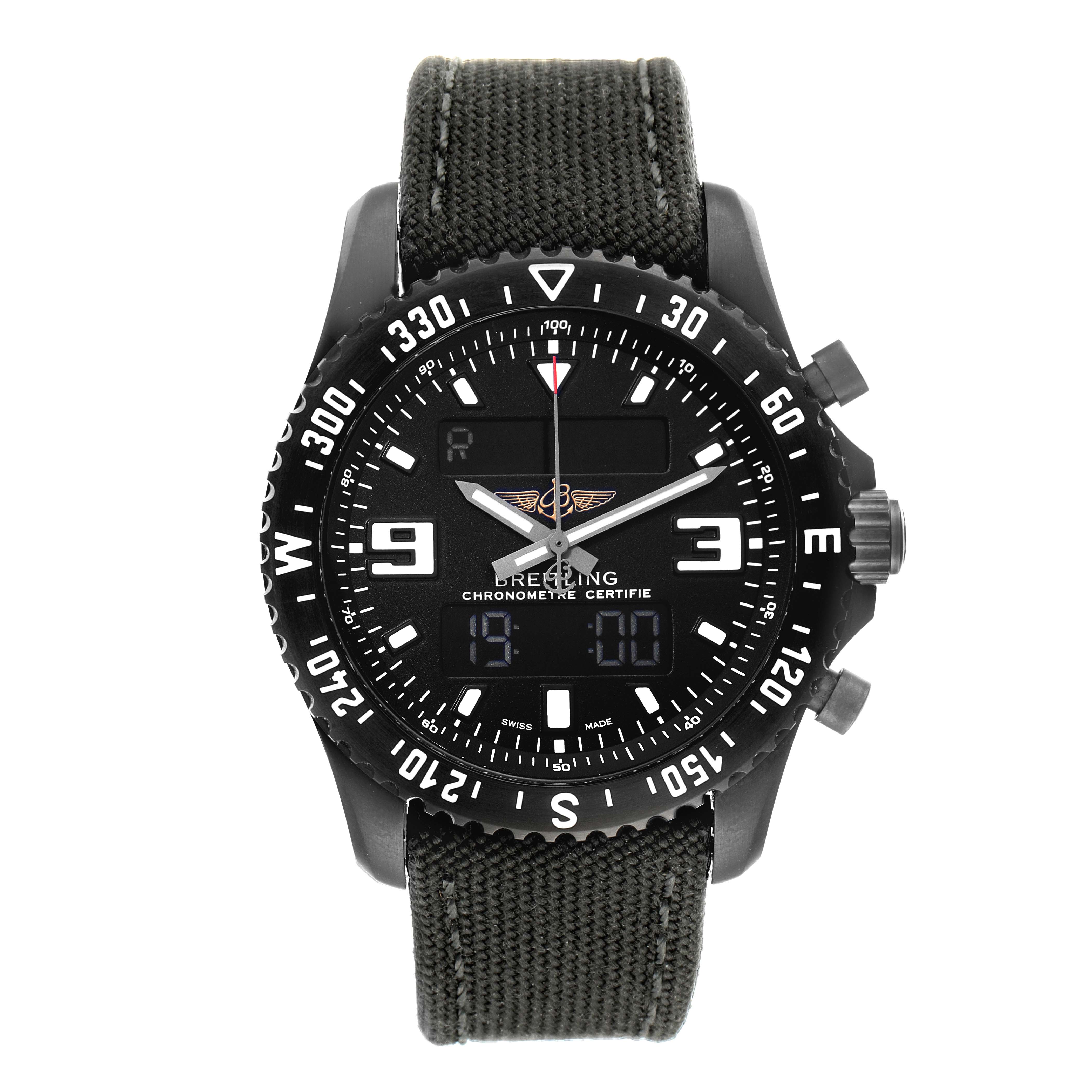 This image shows a front view of the Breitling Professional Series M78367 Men's Stainless Steel Black Dial M78367 Men's Stainless Steel Black Dial watch, featuring its strap, bezel, dial, and digital display.