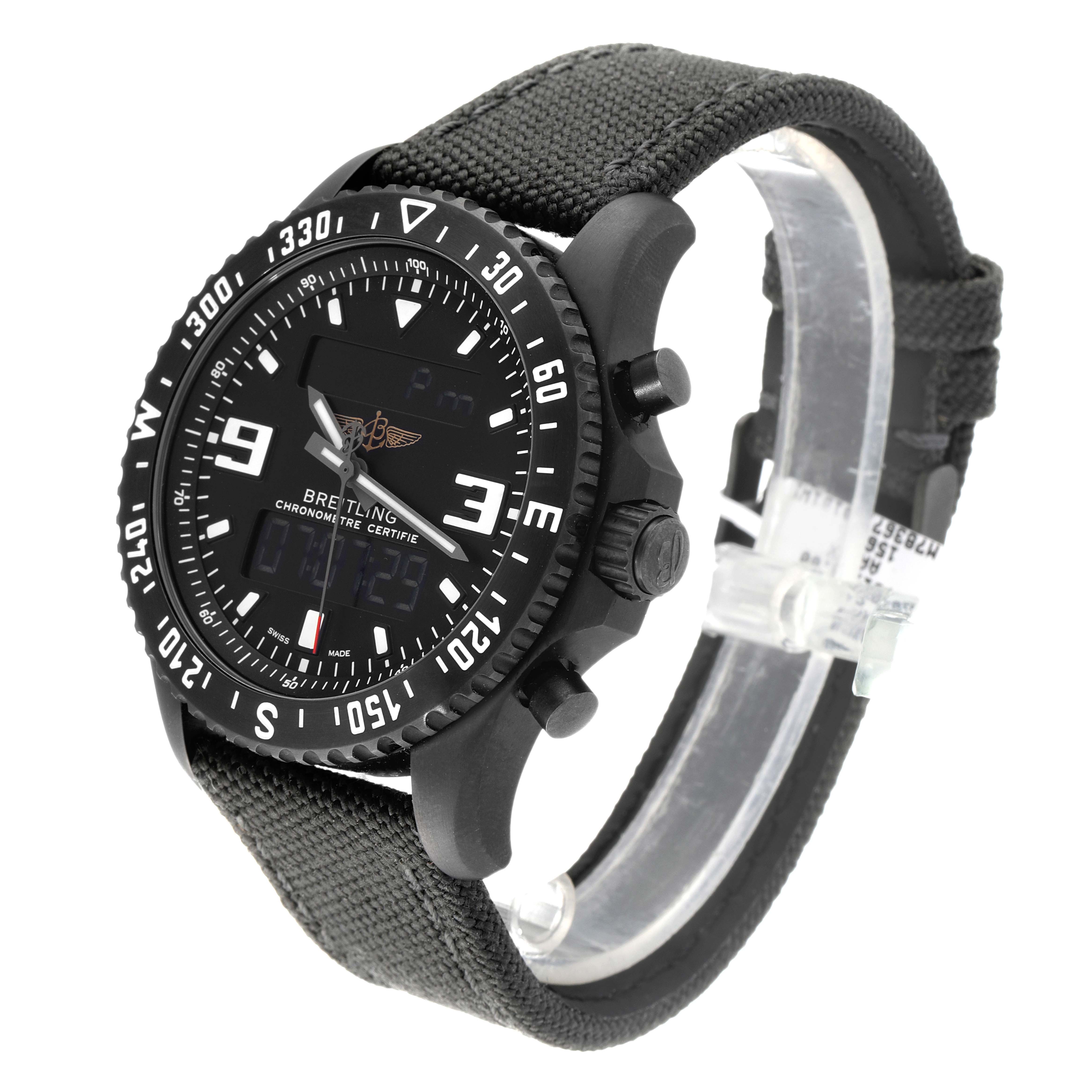 The Breitling Professional Series M78367 Men's Stainless Steel Black Dial M78367 Men's Stainless Steel Black Dial watch is shown at an angle highlighting the face, strap, and side buttons.