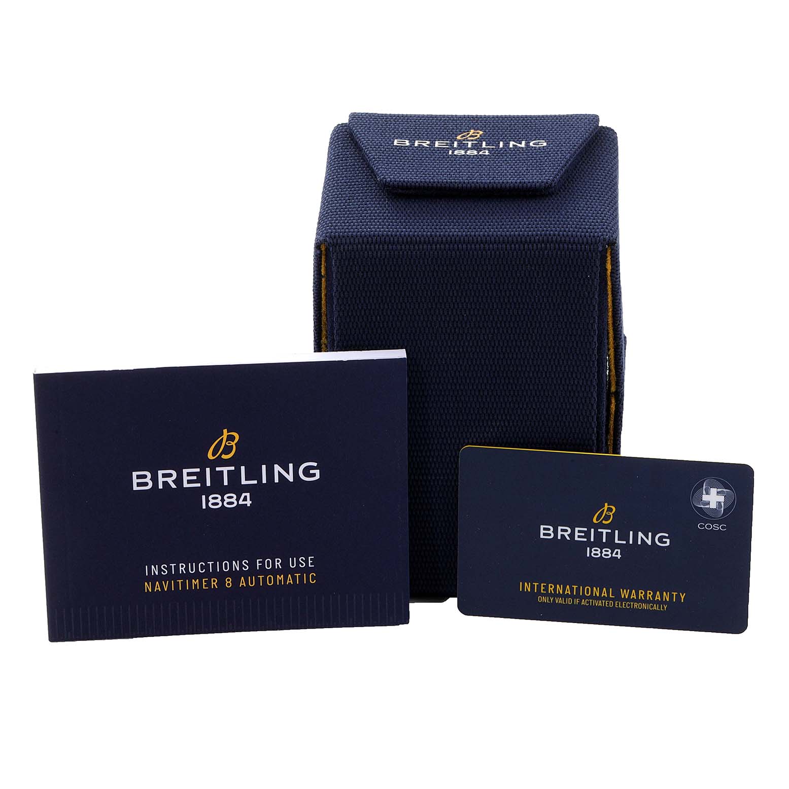 This image shows the packaging, instruction booklet, and international warranty card for the Breitling Professional Series M78367 Men's Stainless Steel Black Dial M78367 Men's Stainless Steel Black Dial watch.