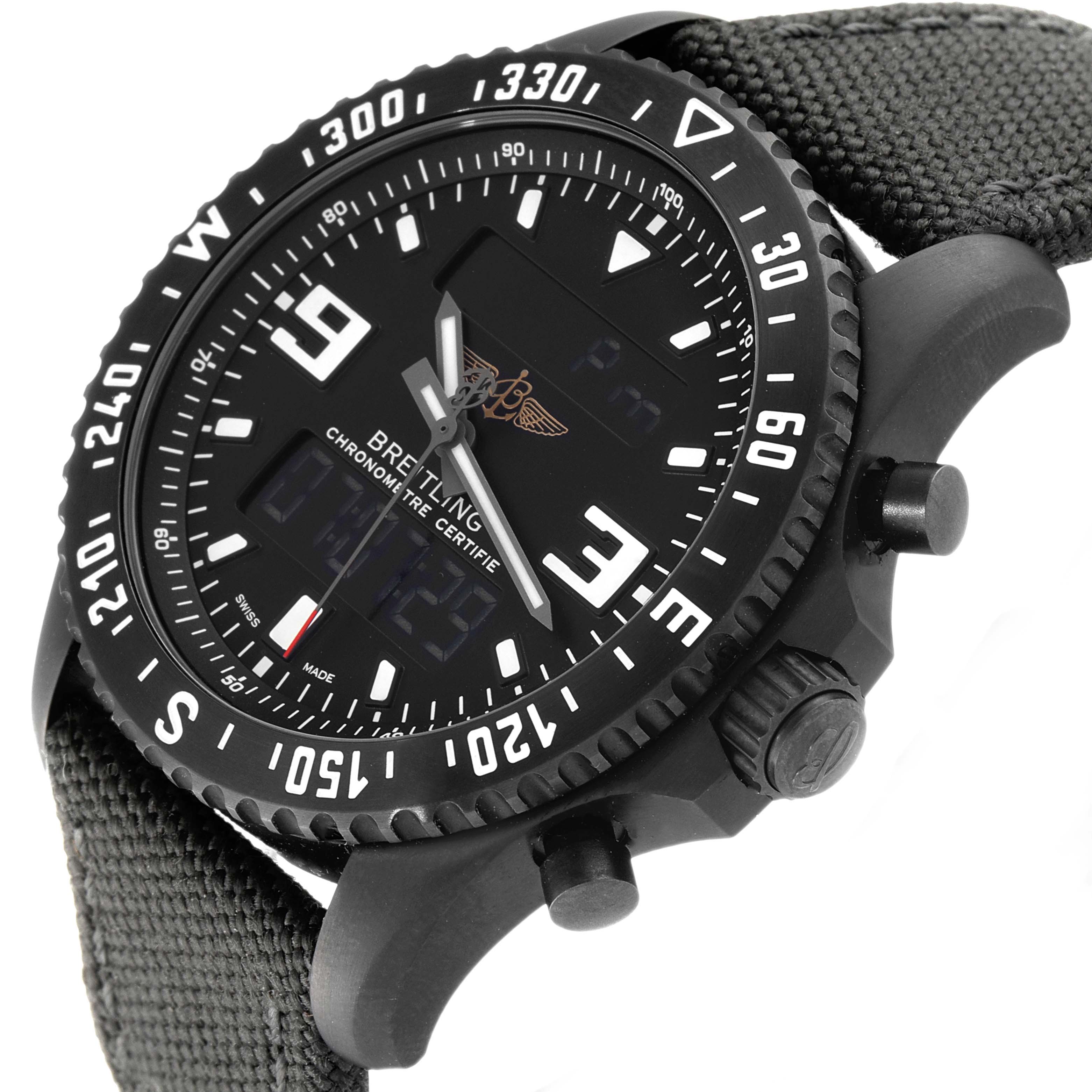 The image shows a close-up angled view of a Breitling Professional Series M78367 Men's Stainless Steel Black Dial M78367 Men's Stainless Steel Black Dial watch, highlighting its face, bezel, strap, and crown.