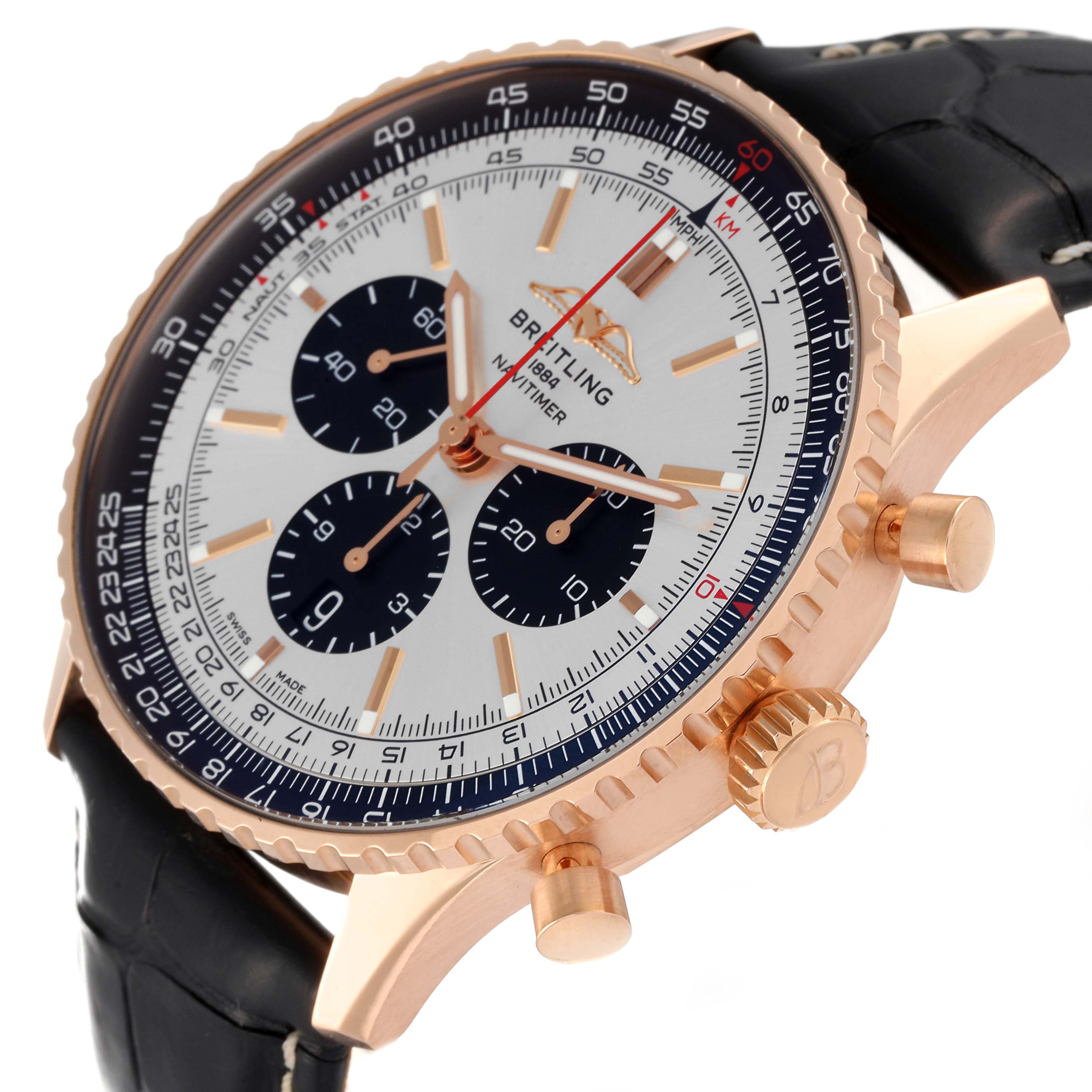 This Breitling Navitimer RB0137 Men's Rose Gold Silver Dial RB0137 Men's Rose Gold Silver Dial watch is shown from an angled side view, highlighting the dial, bezel, crown, and pushers.