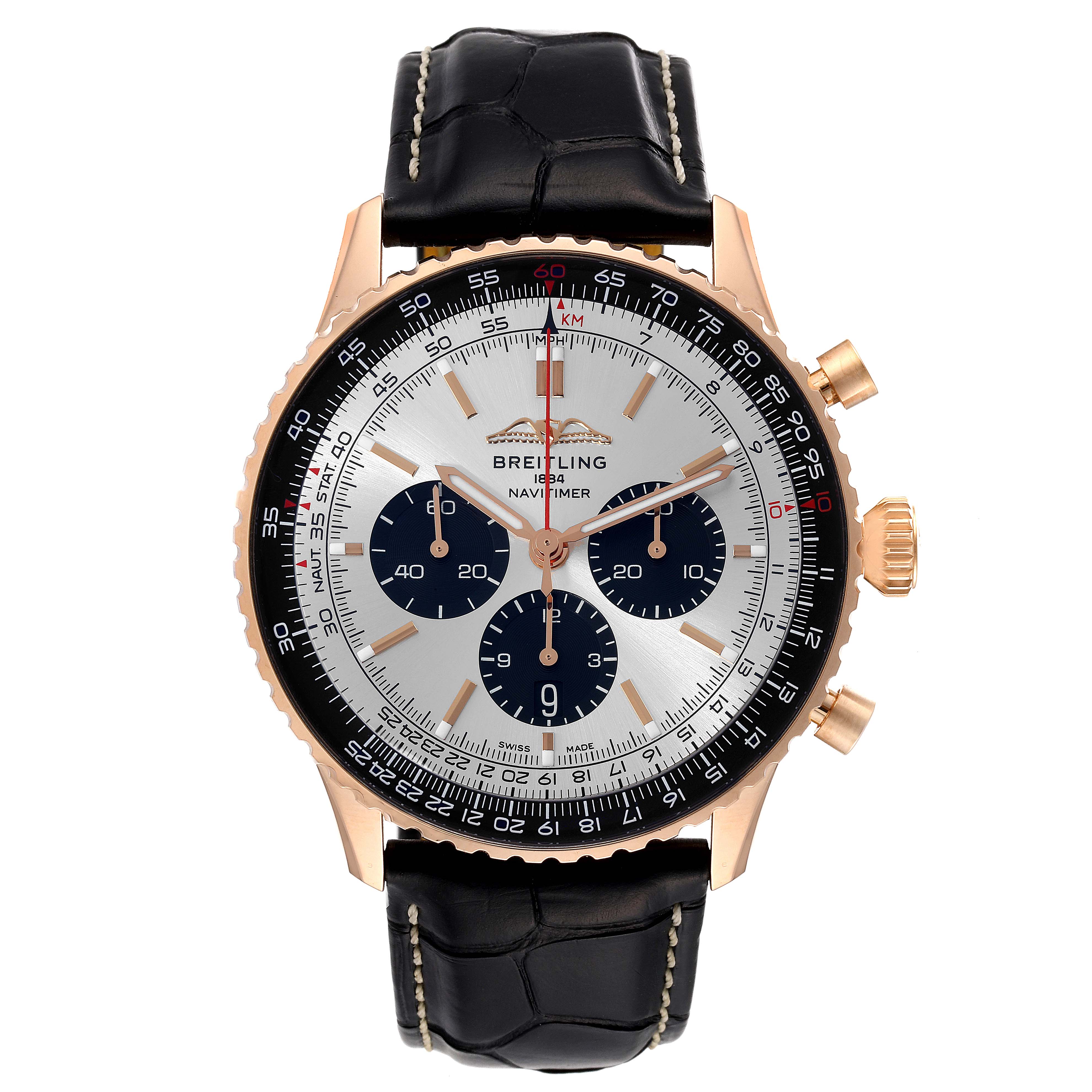This Breitling Navitimer RB0137 Men's Rose Gold Silver Dial RB0137 Men's Rose Gold Silver Dial model is shown from the front, displaying the watch face, bezel, and leather strap.