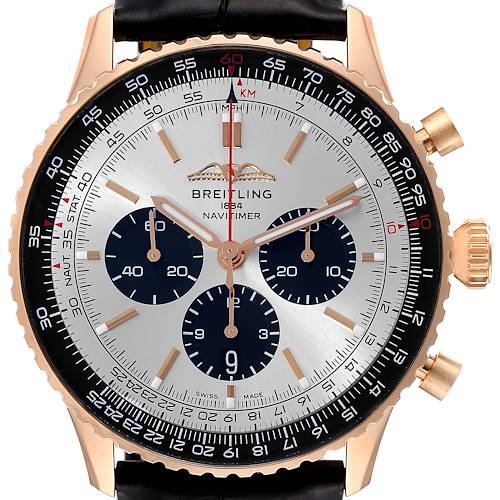 Photo of Breitling Navitimer 01 46 Rose Gold Silver Dial Mens Watch RB0137 Box Card