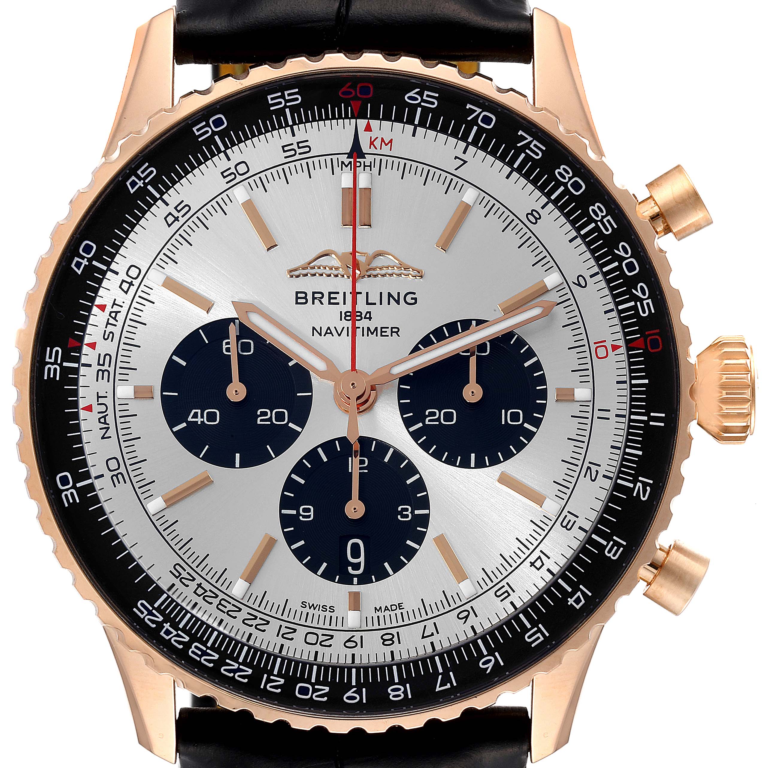 This image shows a front view of the Breitling Navitimer RB0137 Men's Rose Gold Silver Dial RB0137 Men's Rose Gold Silver Dial watch, highlighting its dial, subdials, and bezel.