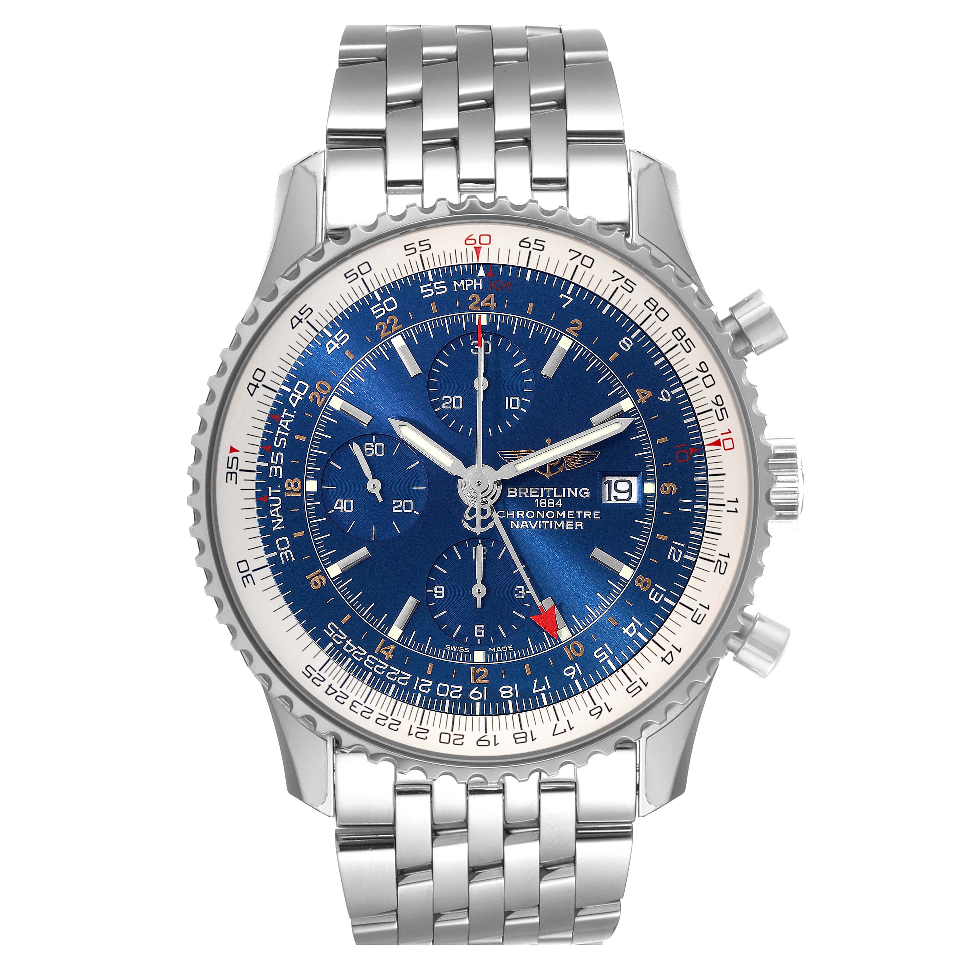 The image shows a front view of the Breitling Navitimer A2432212/C651 Men's Stainless Steel Blue Dial A2432212/C651 Men's Stainless Steel Blue Dial watch with a blue dial and a stainless steel strap.